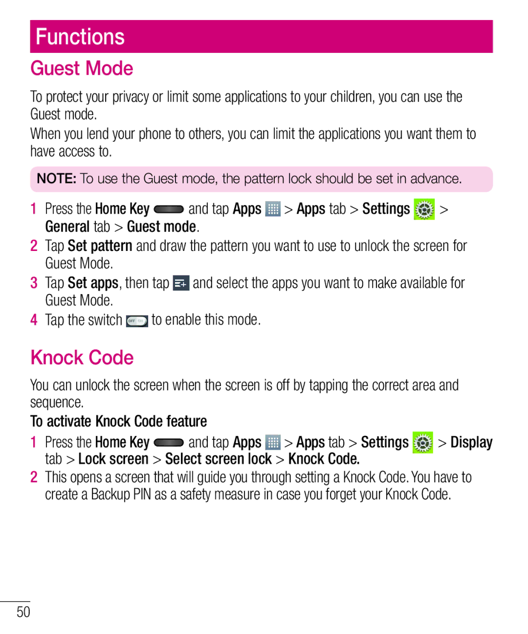 LG Electronics MFL68301001 (1.0) manual Functions, Guest Mode, Knock Code 