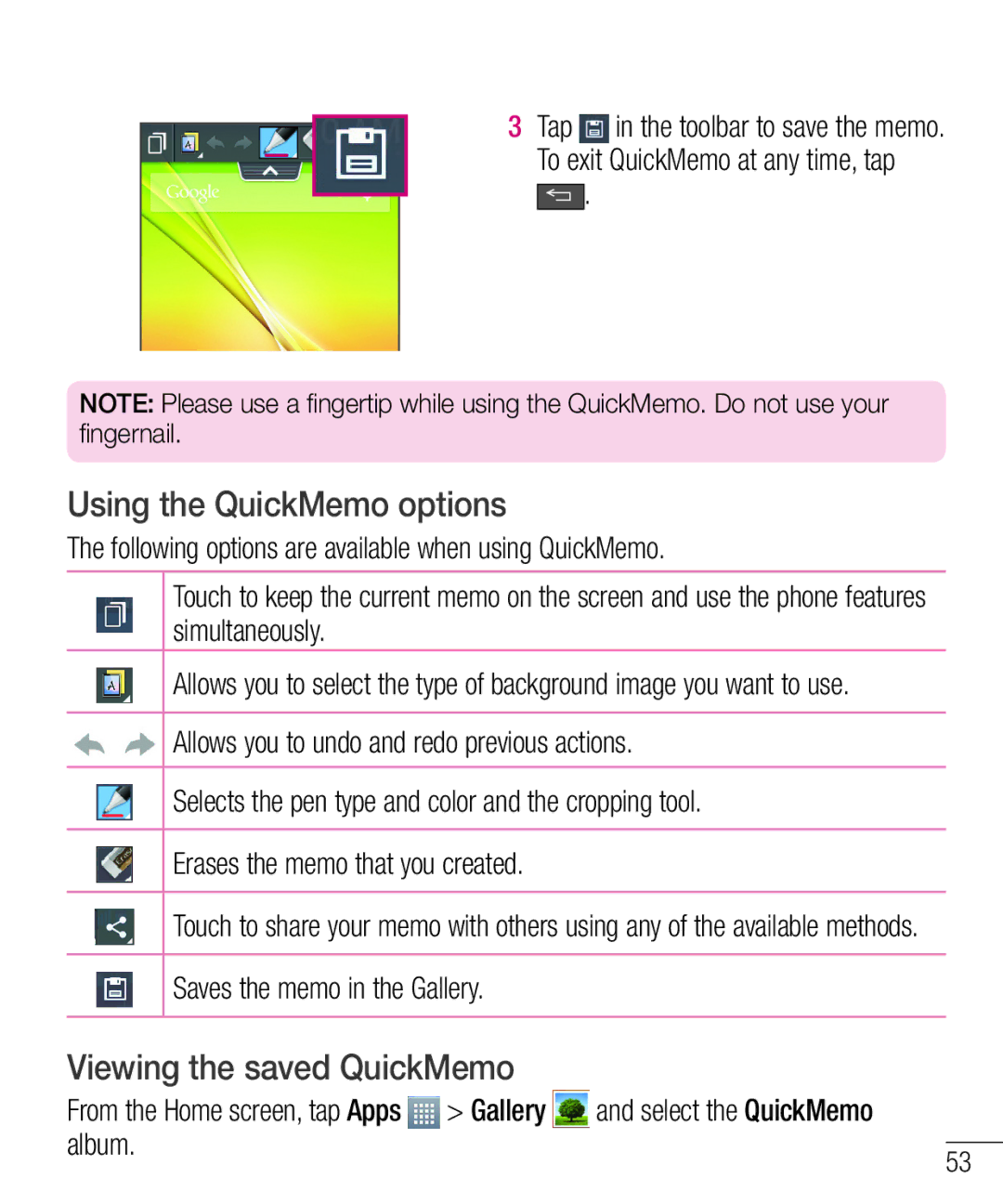 LG Electronics MFL68301001 (1.0) Using the QuickMemo options, Viewing the saved QuickMemo, Saves the memo in the Gallery 