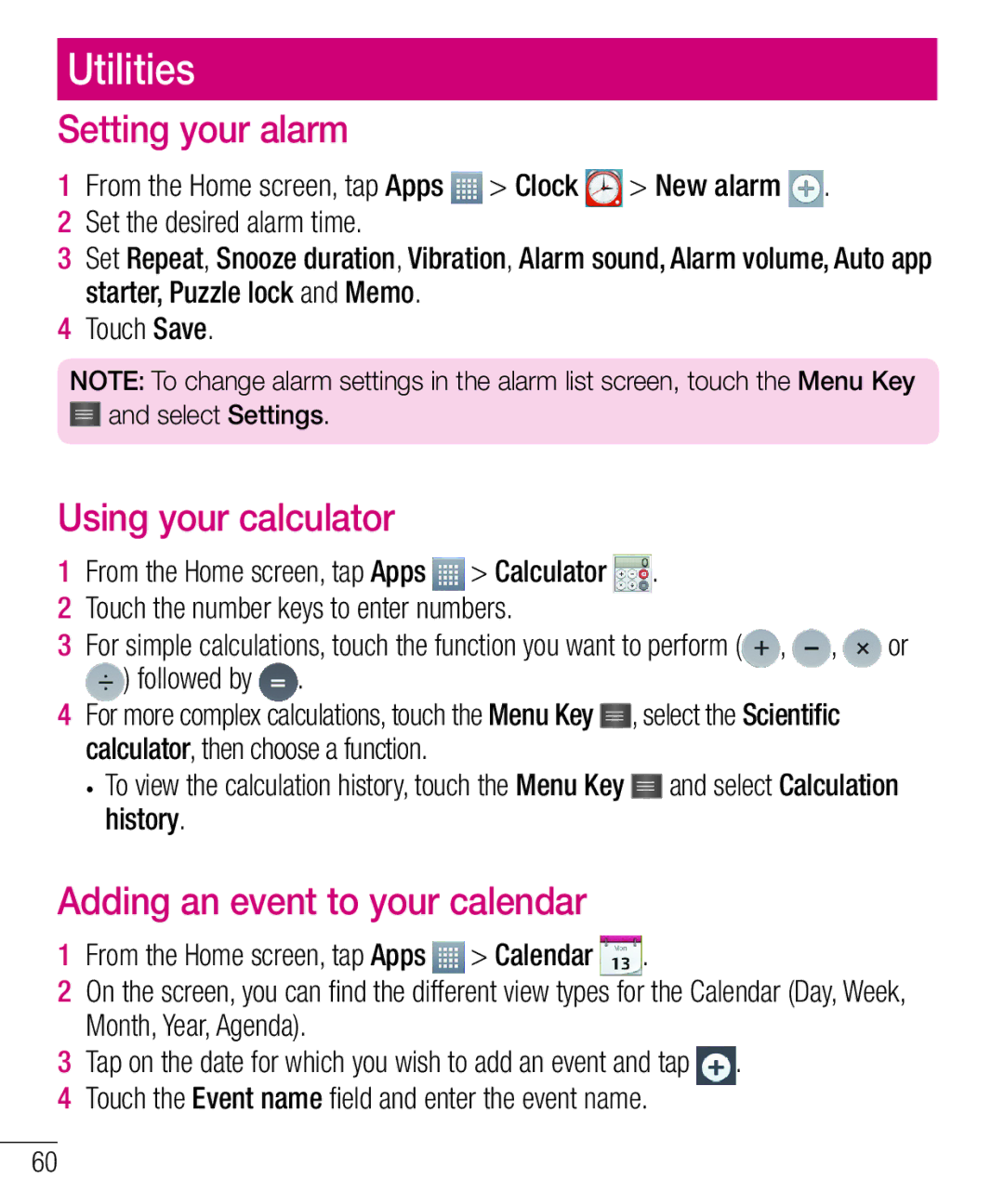 LG Electronics MFL68301001 (1.0) Utilities, Setting your alarm, Using your calculator, Adding an event to your calendar 