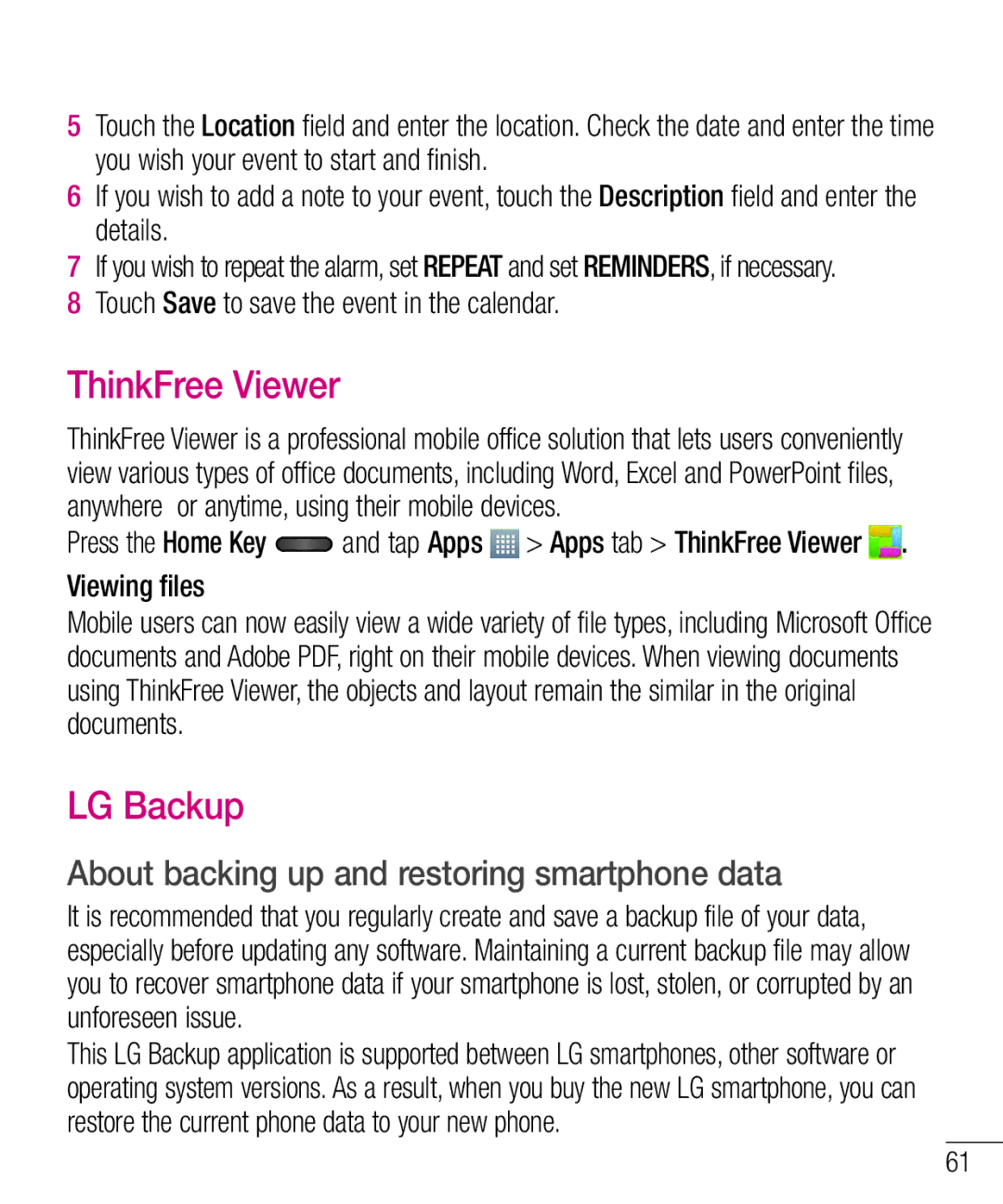 LG Electronics MFL68301001 (1.0) manual ThinkFree Viewer, LG Backup, Touch Save to save the event in the calendar 