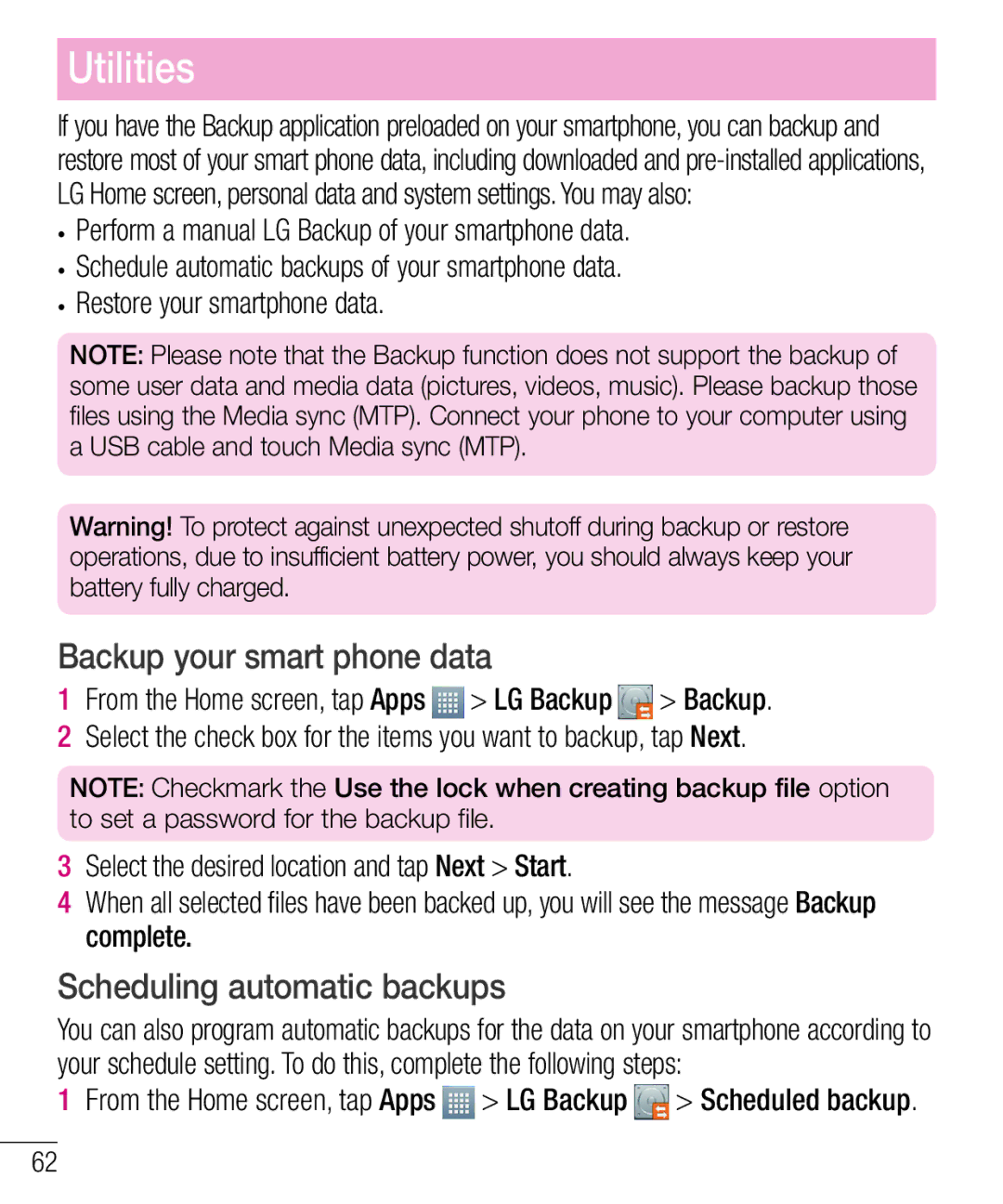 LG Electronics MFL68301001 (1.0) manual Backup your smart phone data, Scheduling automatic backups 