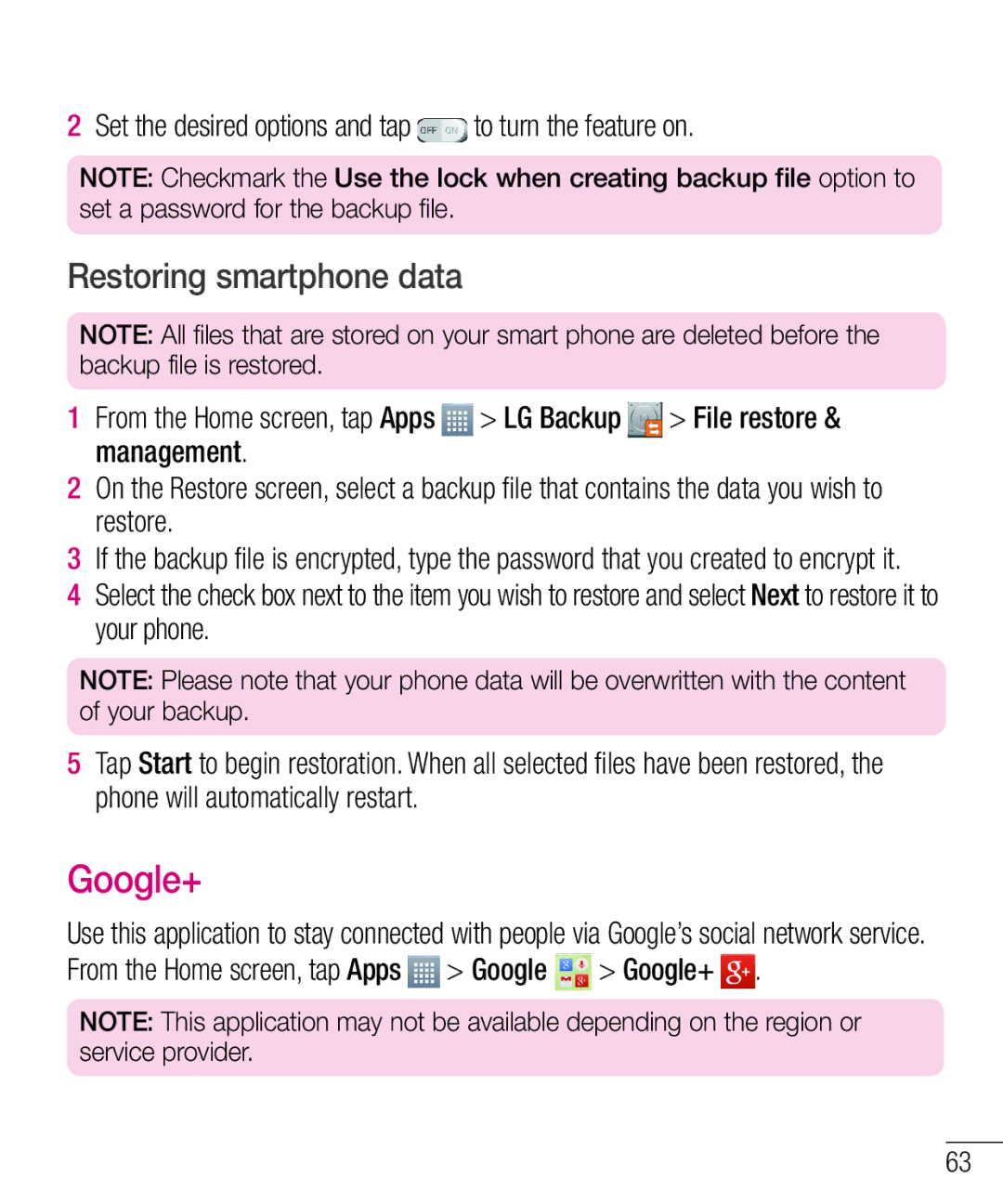 LG Electronics MFL68301001 (1.0) manual Google+, Restoring smartphone data 