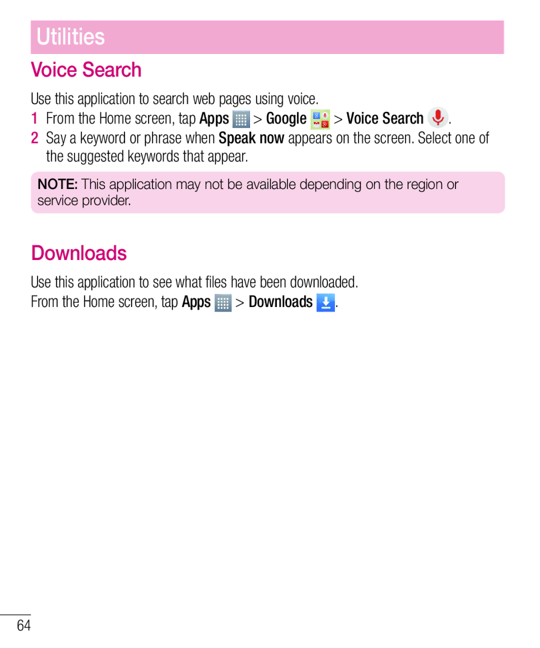 LG Electronics MFL68301001 (1.0) manual Voice Search, Downloads, Use this application to search web pages using voice 