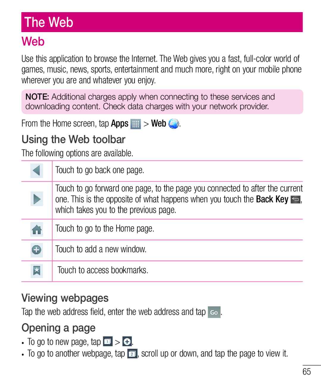 LG Electronics MFL68301001 (1.0) manual Using the Web toolbar, Viewing webpages, Opening a 