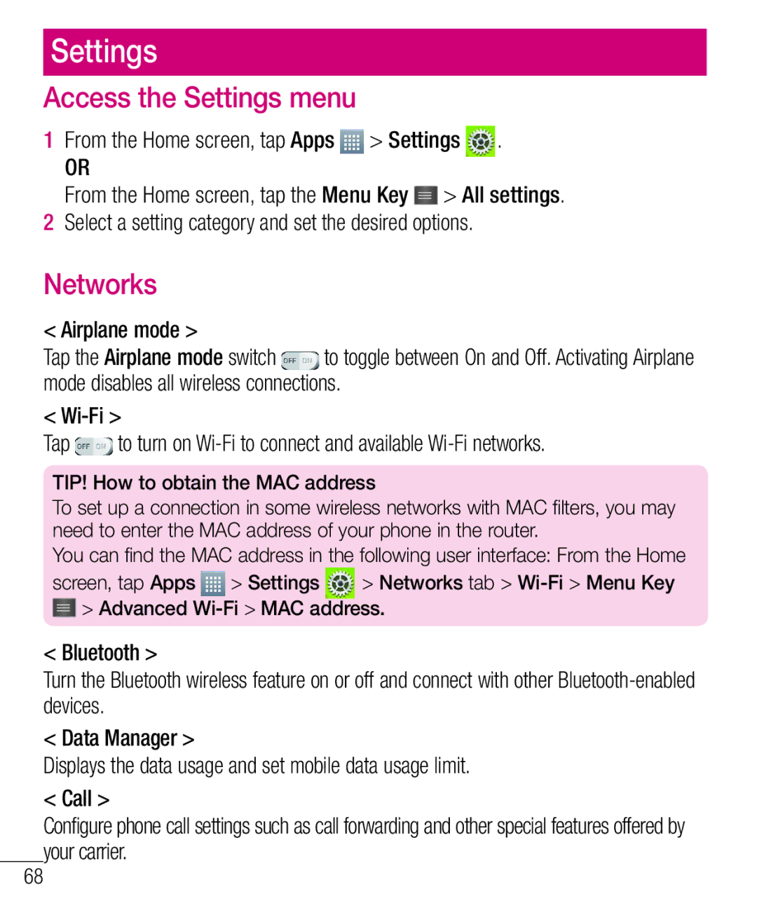 LG Electronics MFL68301001 (1.0) manual Access the Settings menu, Networks, Airplane mode 