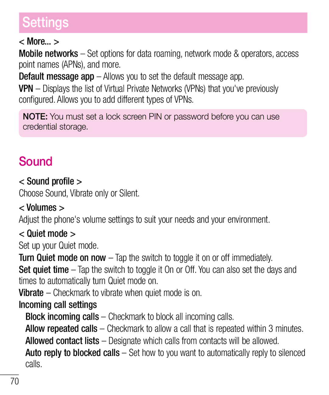 LG Electronics MFL68301001 (1.0) manual Sound profile Choose Sound, Vibrate only or Silent Volumes 