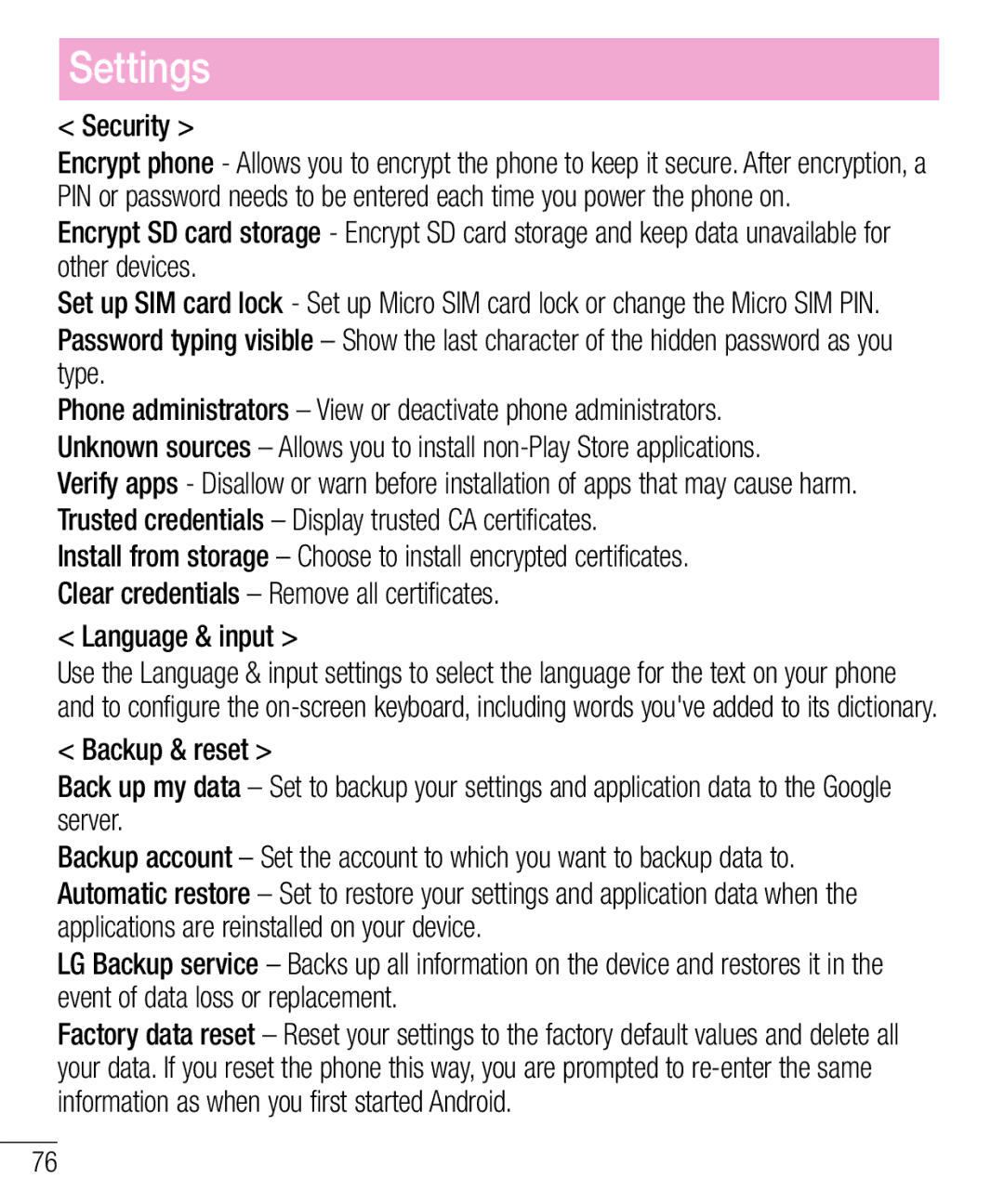 LG Electronics MFL68301001 (1.0) manual Security, Language & input 