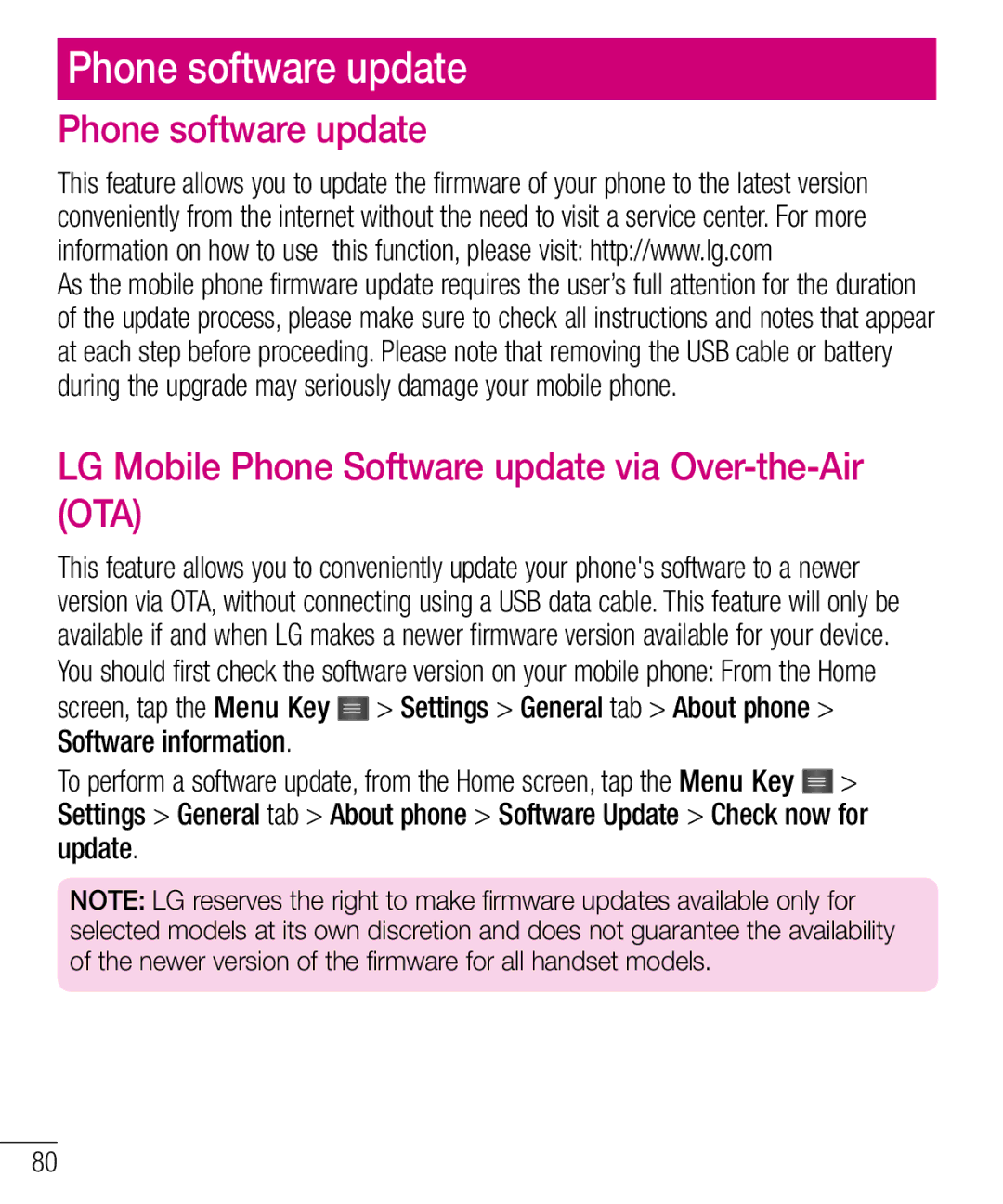 LG Electronics MFL68301001 (1.0) manual Phone software update, LG Mobile Phone Software update via Over-the-Air OTA 