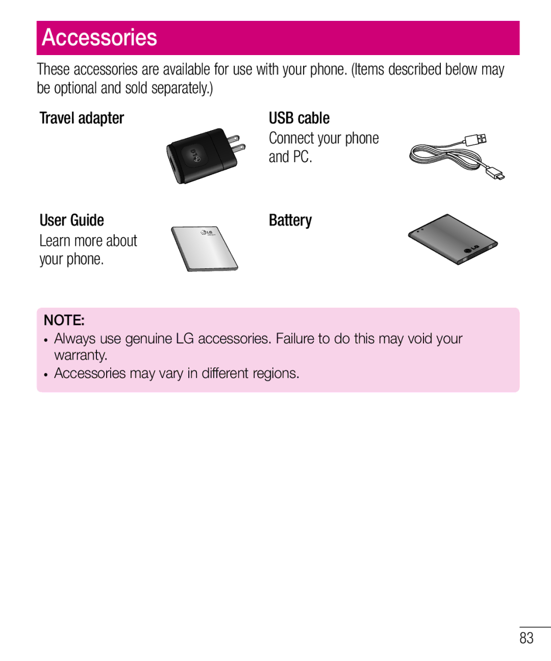 LG Electronics MFL68301001 (1.0) manual Accessories, User Guide Battery Learn more about Your phone 