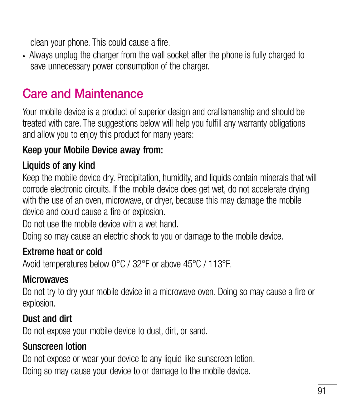 LG Electronics MFL68301001 (1.0) manual Care and Maintenance, Clean your phone. This could cause a fire 