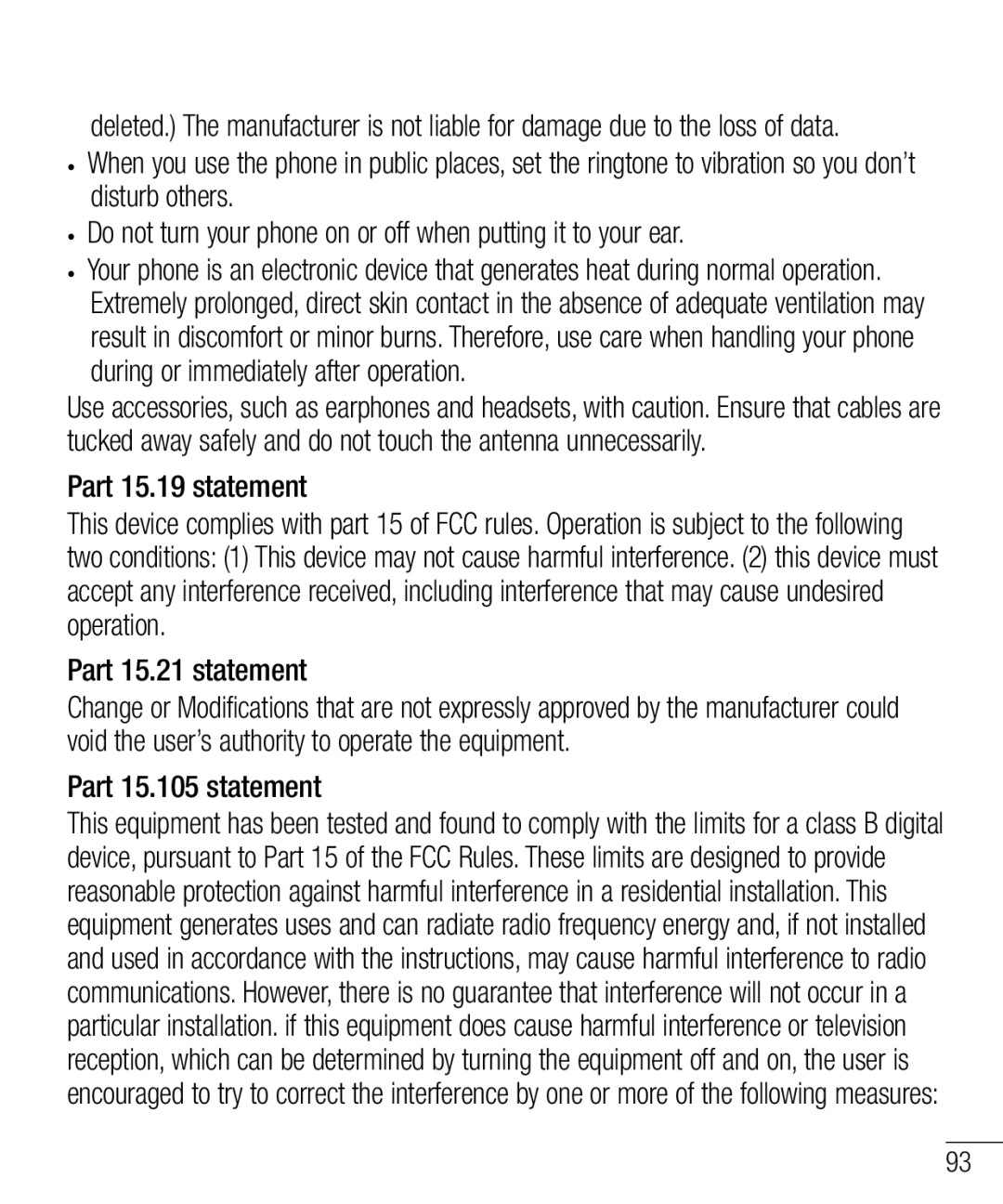 LG Electronics MFL68301001 (1.0) manual Part 15.19 statement, Part 15.21 statement, Part 15.105 statement 