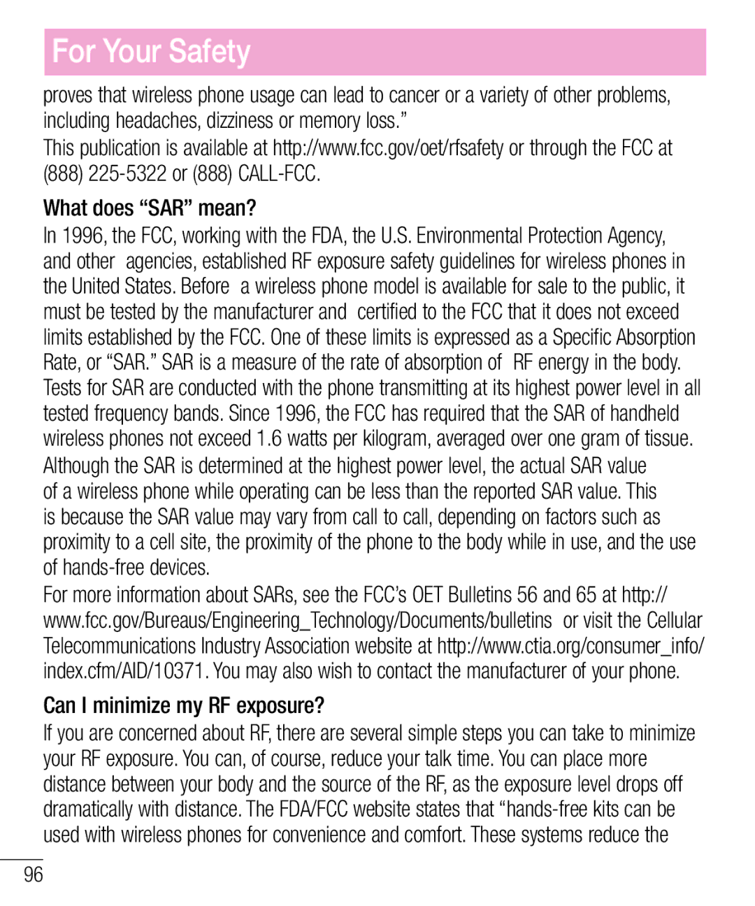 LG Electronics MFL68301001 (1.0) manual What does SAR mean?, Can I minimize my RF exposure? 