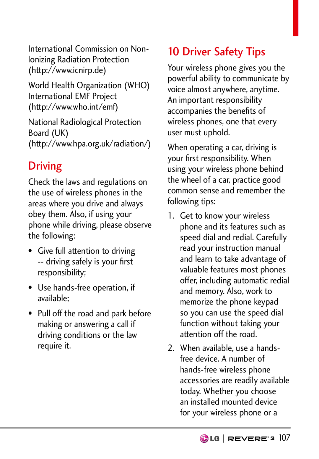 LG Electronics MFL68526201 manual Driving, Driver Safety Tips, 107 