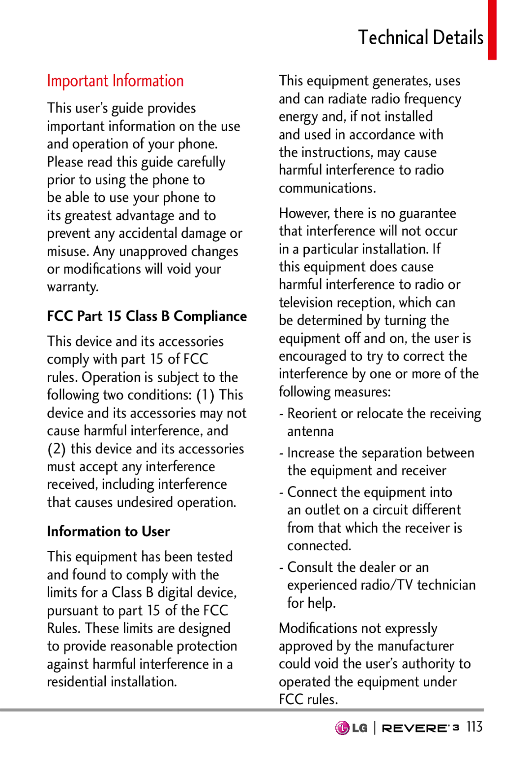 LG Electronics MFL68526201 manual Important Information, Information to User, 113, FCC Part 15 Class B Compliance 