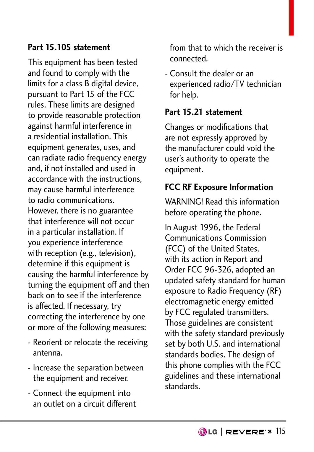 LG Electronics MFL68526201 manual Part 15.105 statement, 115 