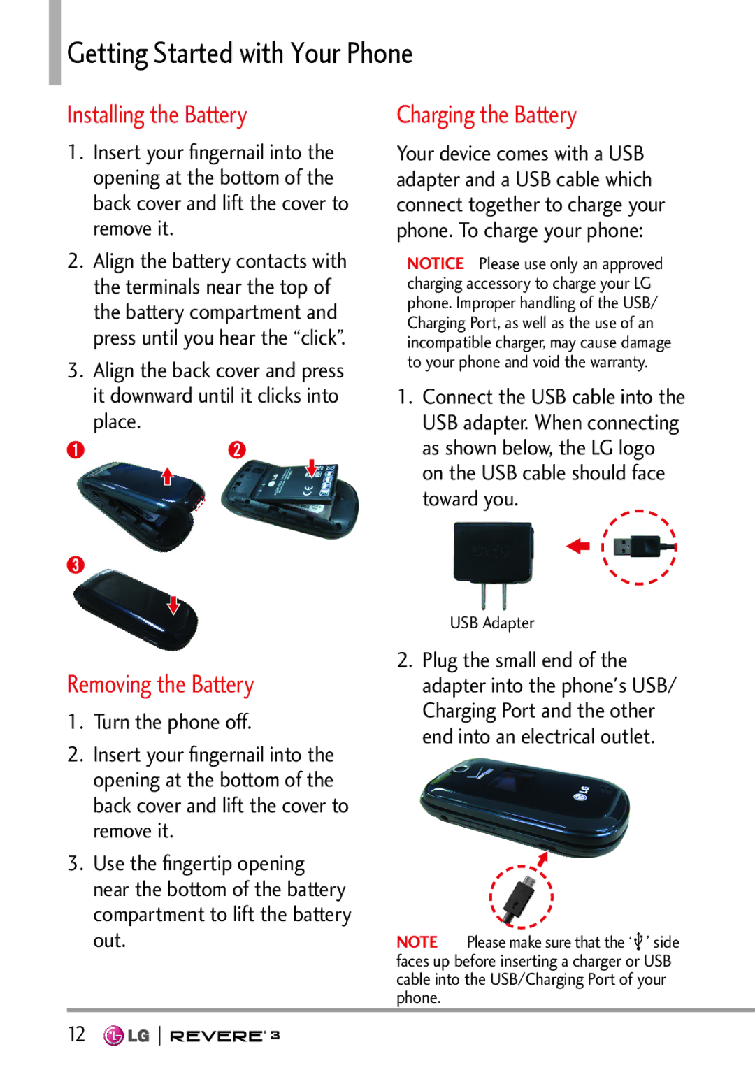 LG Electronics MFL68526201 manual Installing the Battery, Charging the Battery, Removing the Battery 