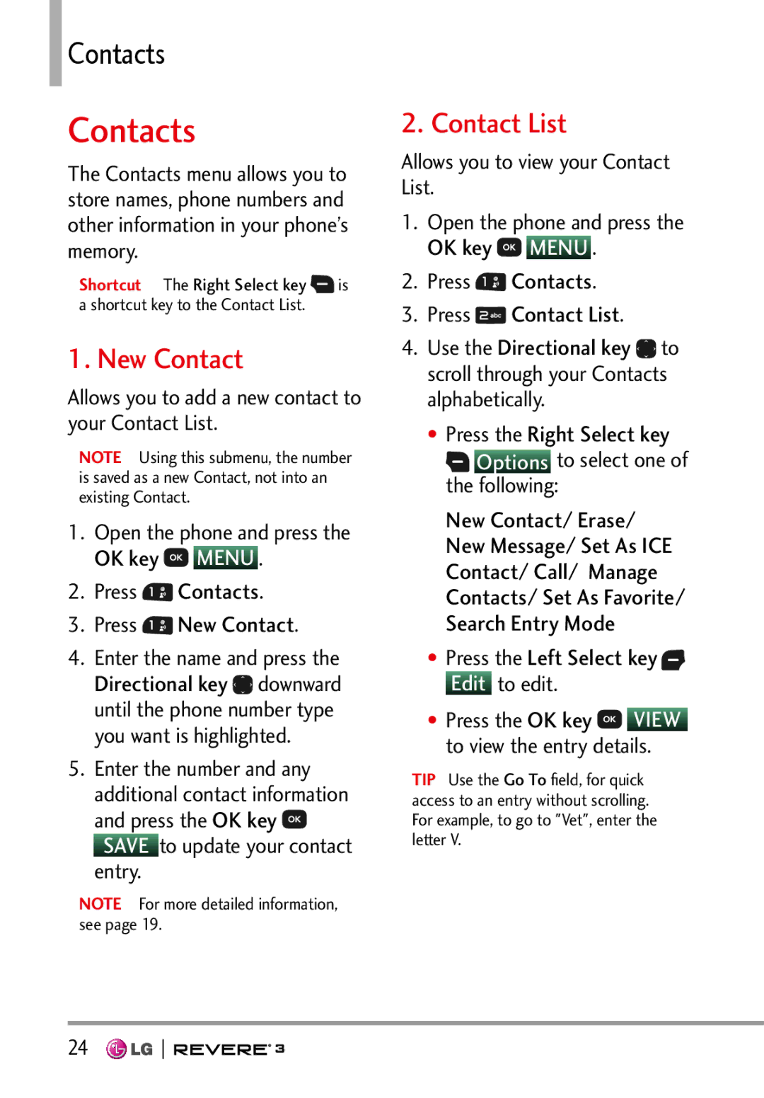 LG Electronics MFL68526201 manual New Contact, Contact List, † Press the Left Select key Edit to edit 