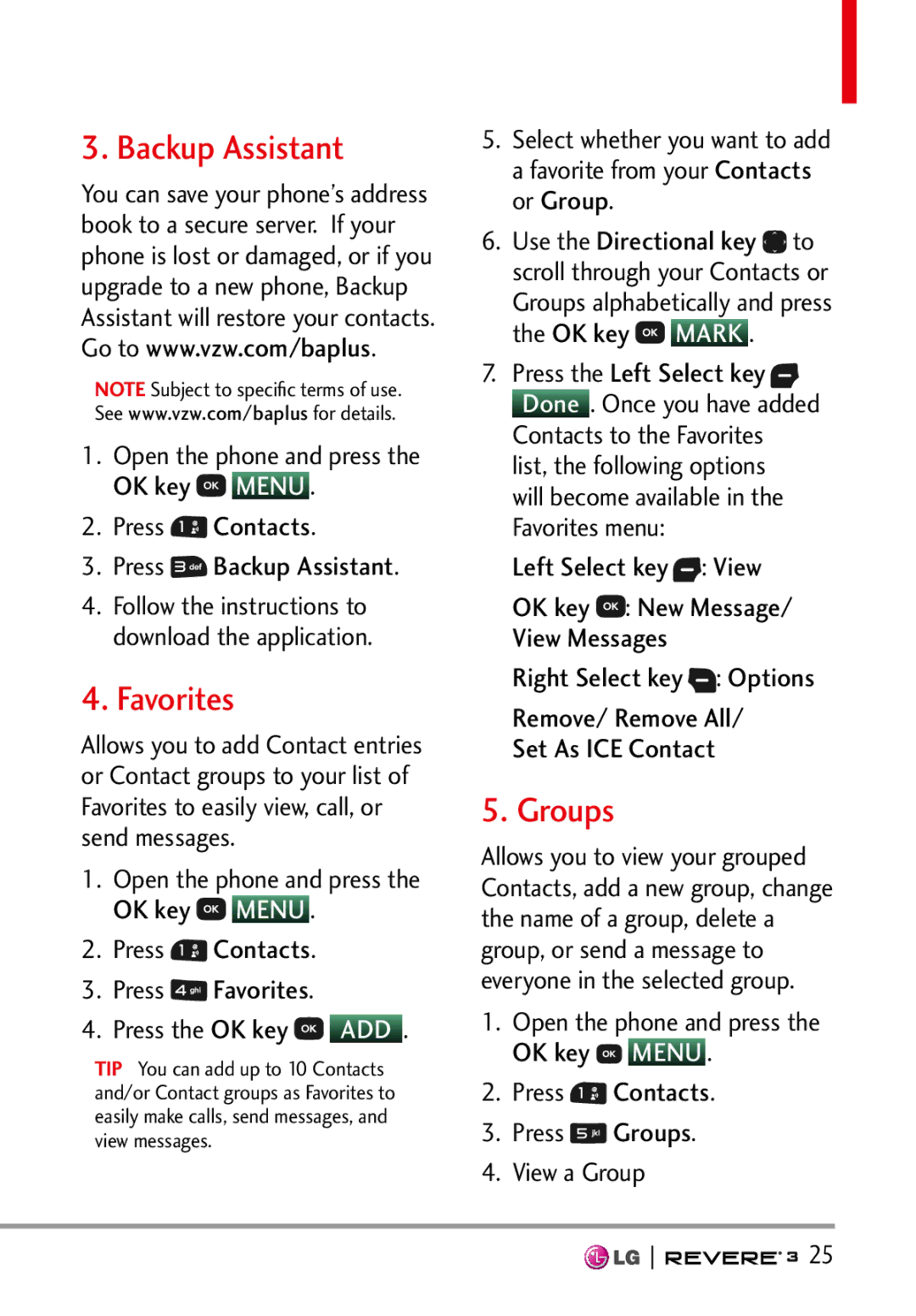 LG Electronics MFL68526201 manual Backup Assistant, Favorites, Groups, Left Select key View 