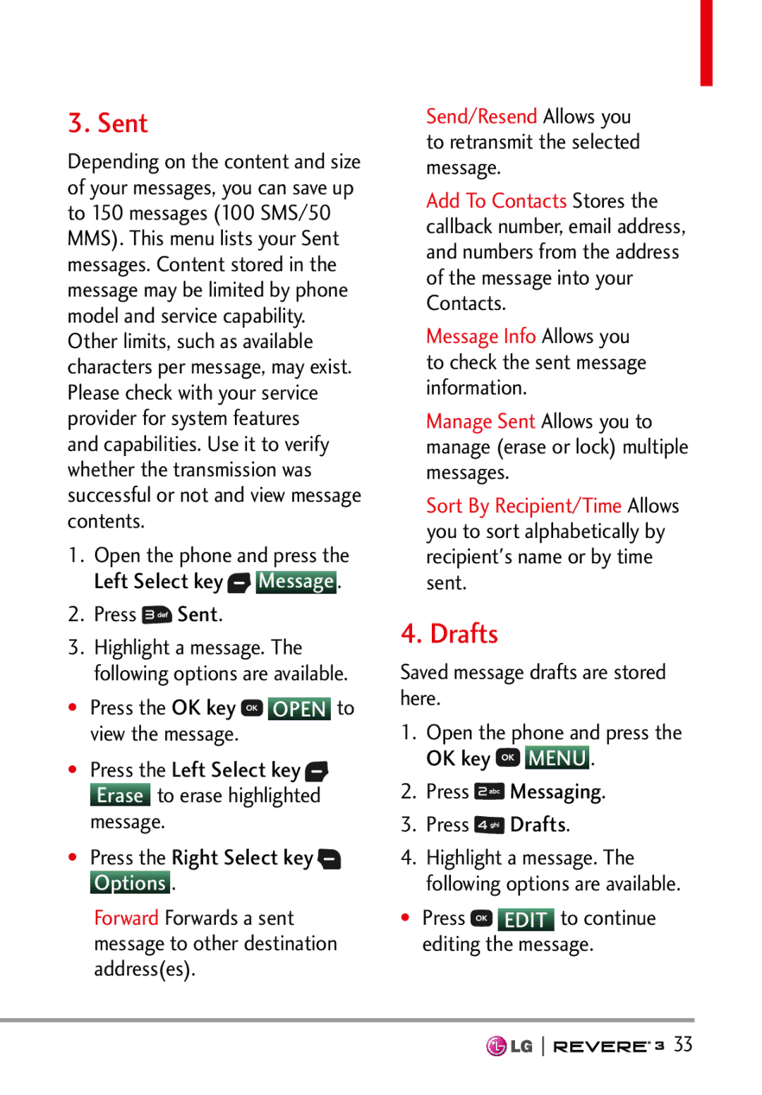 LG Electronics MFL68526201 manual Drafts, Press Sent, † Press Edit to continue editing the message 