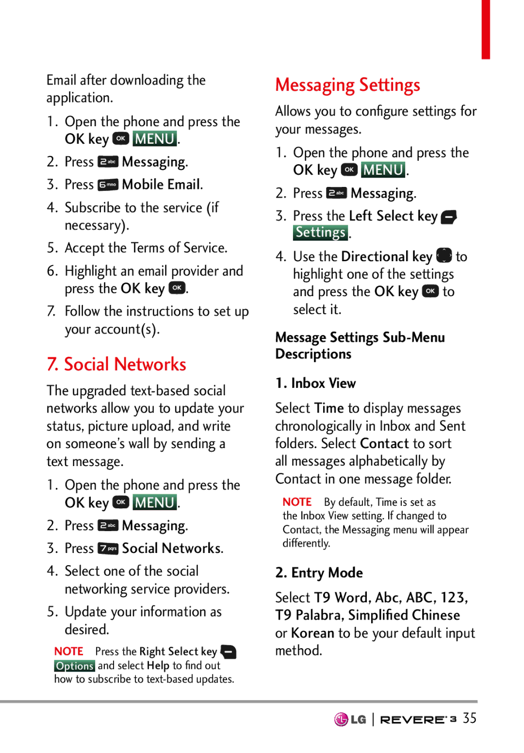 LG Electronics MFL68526201 manual Social Networks, Messaging Settings, Update your information as desired, Entry Mode 