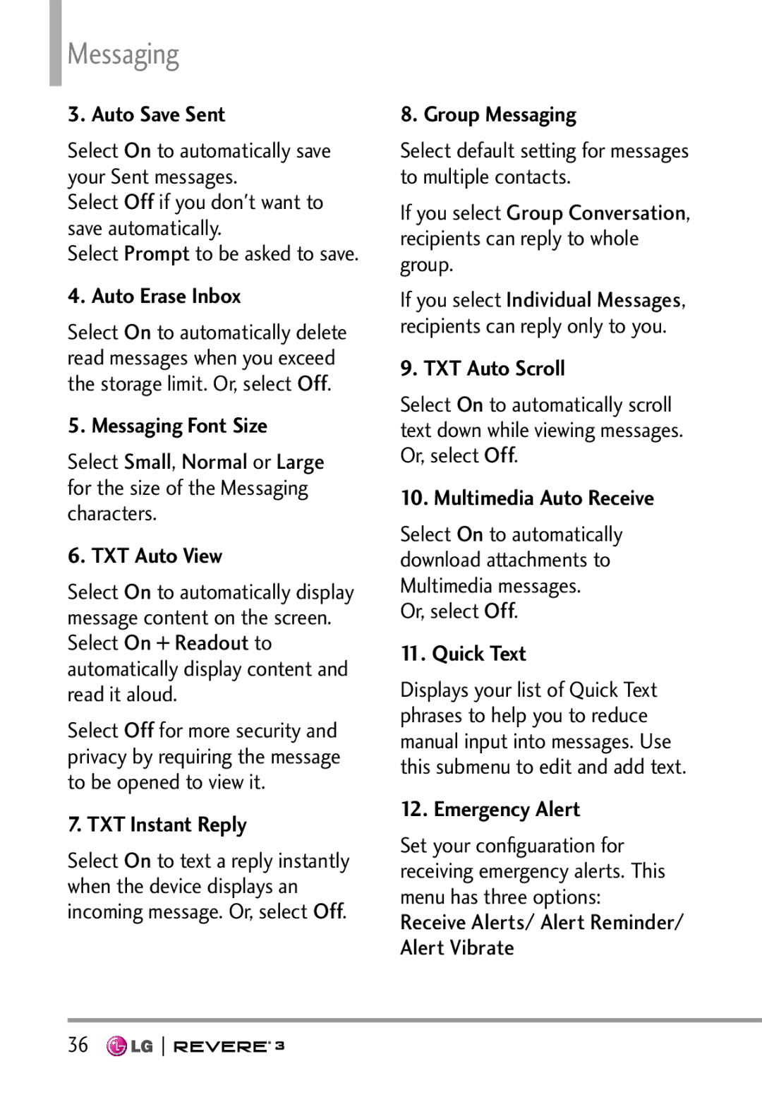 LG Electronics MFL68526201 manual Auto Save Sent, Auto Erase Inbox, Messaging Font Size, TXT Auto View, TXT Instant Reply 