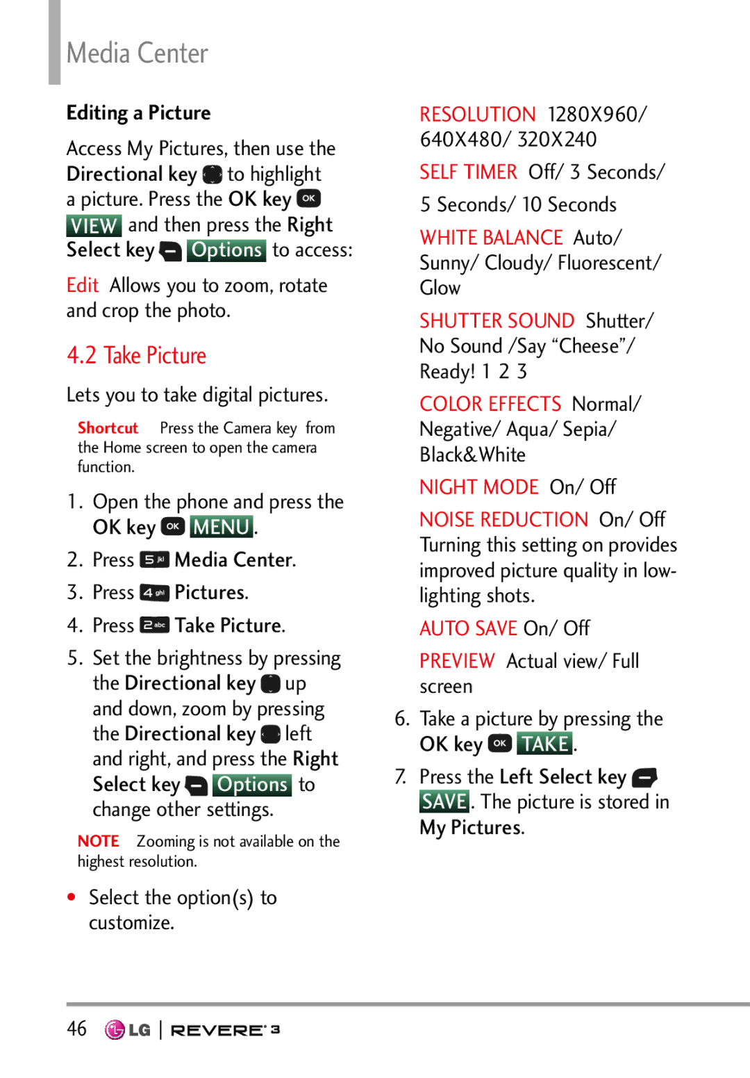 LG Electronics MFL68526201 manual Take Picture, Editing a Picture 