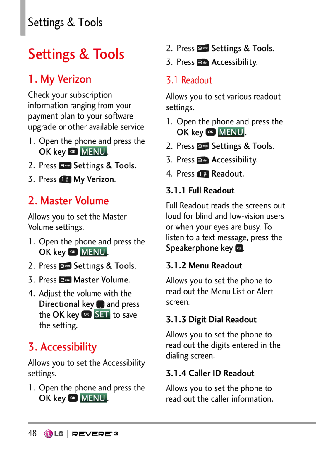 LG Electronics MFL68526201 manual My Verizon, Master Volume, Accessibility, Readout 