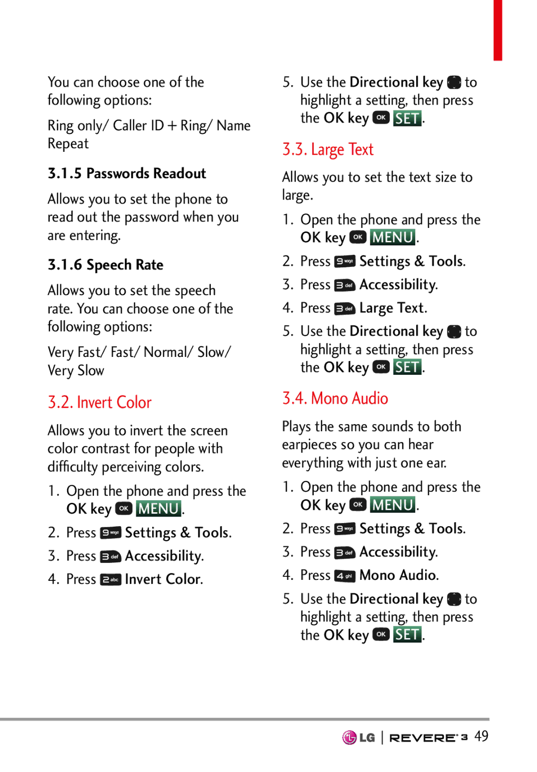 LG Electronics MFL68526201 manual Invert Color, Large Text, Mono Audio, Passwords Readout, Speech Rate 
