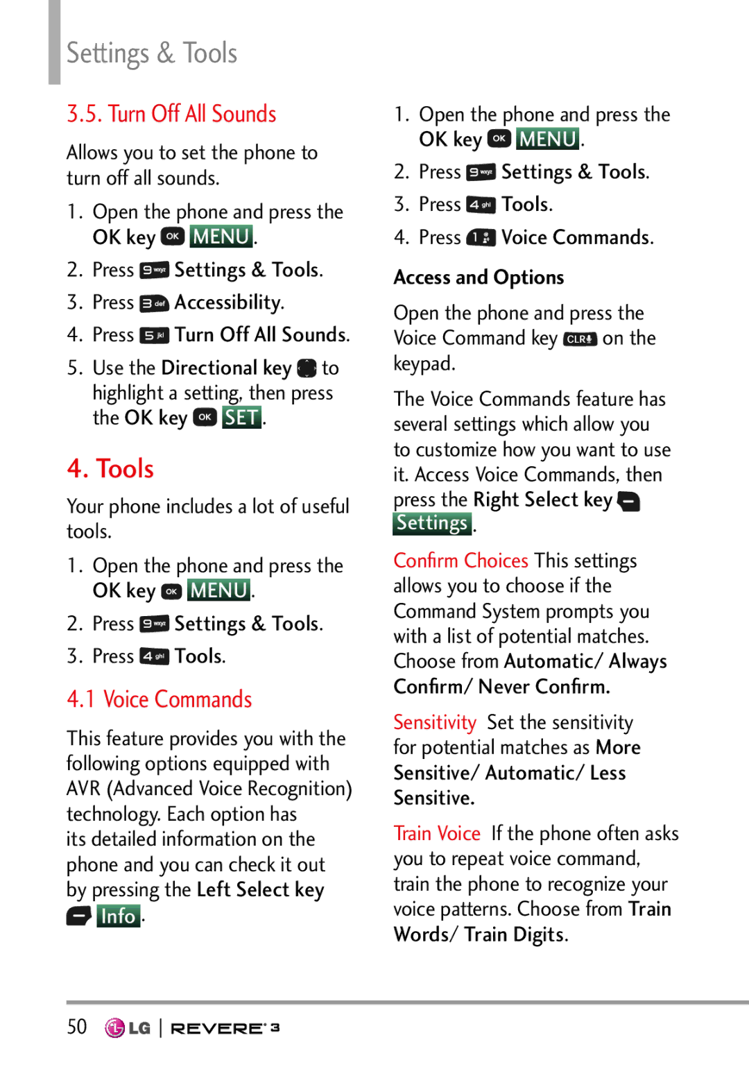 LG Electronics MFL68526201 Settings & Tools, Turn Off All Sounds, Open the phone and press Voice Command key on the keypad 