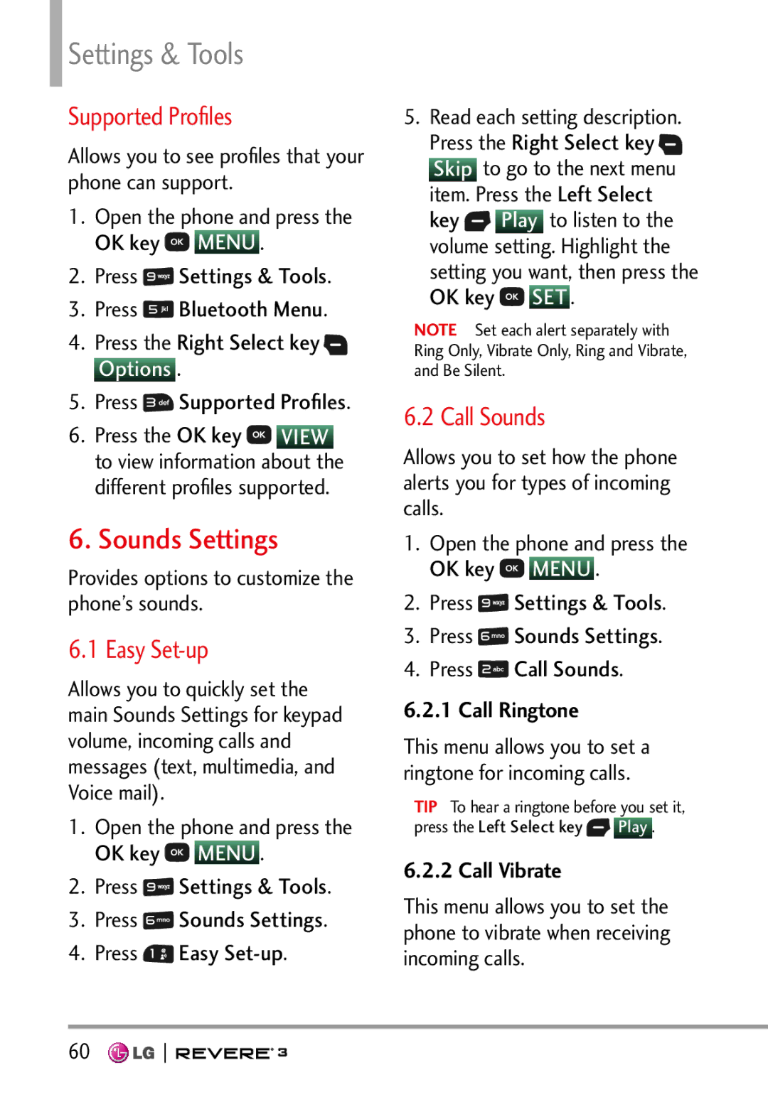 LG Electronics MFL68526201 manual Sounds Settings, Supported Proﬁles, Easy Set-up, Call Sounds 