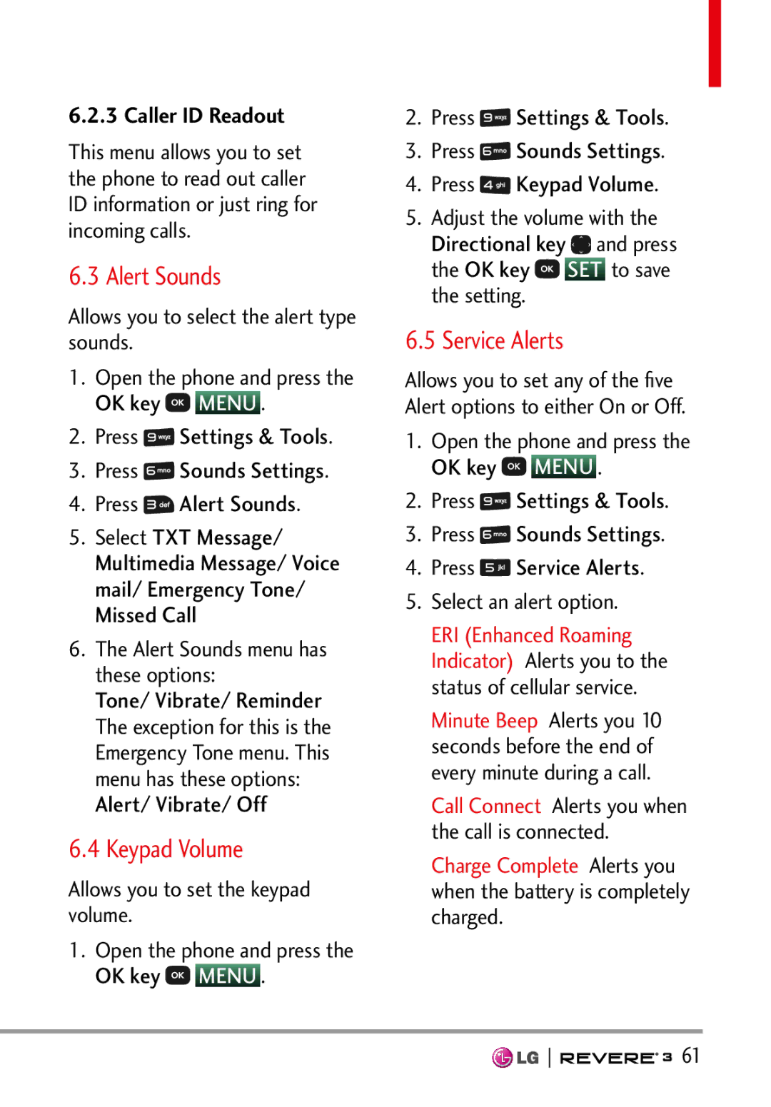 LG Electronics MFL68526201 manual Alert Sounds, Keypad Volume, Service Alerts, Alert/ Vibrate/ Off 