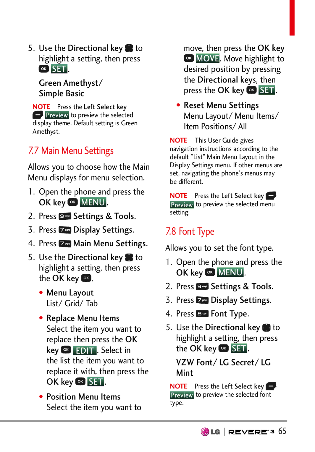 LG Electronics MFL68526201 manual Main Menu Settings, Font Type, Move, then press the OK key 