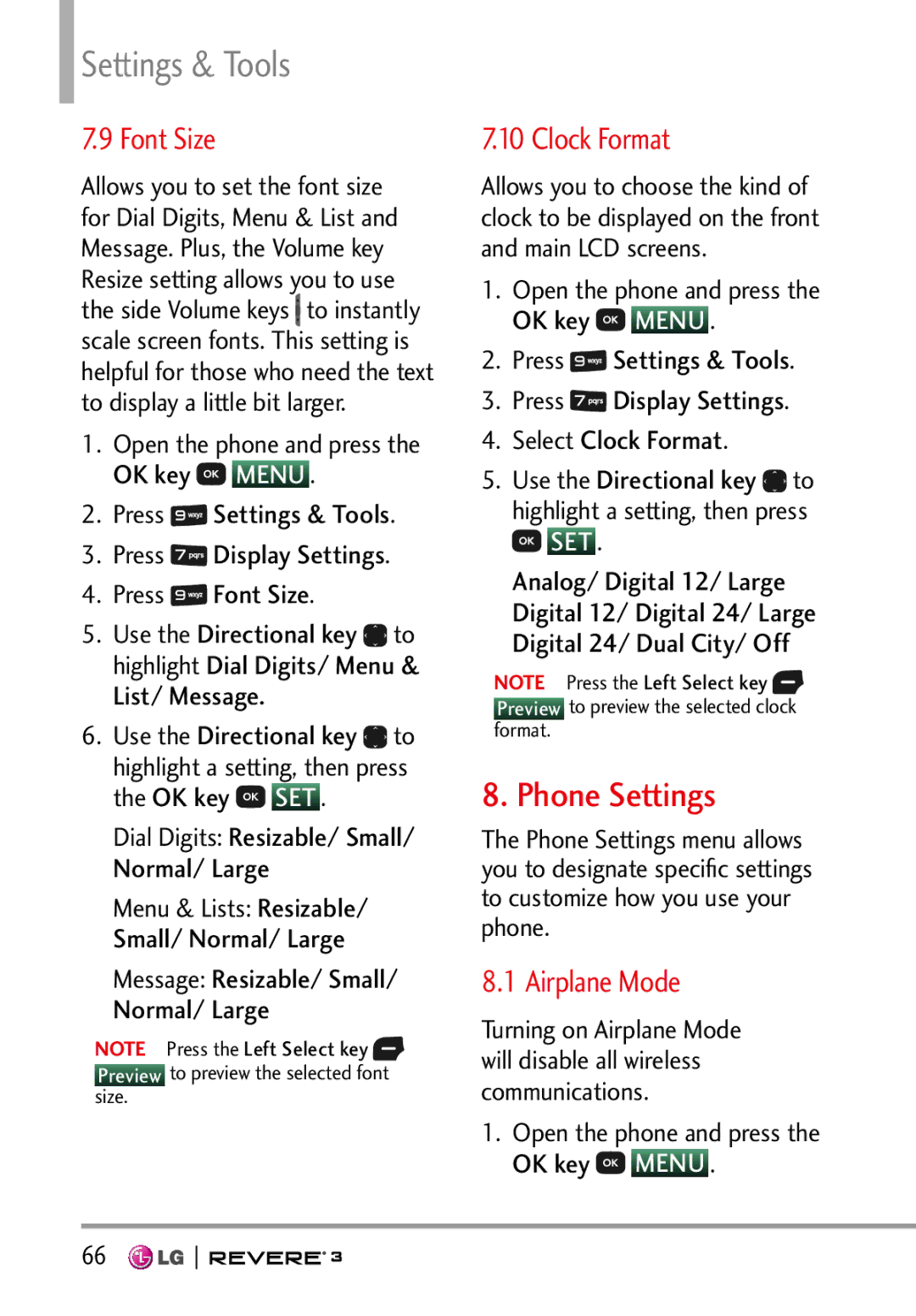 LG Electronics MFL68526201 Phone Settings, Font Size, Clock Format, Airplane Mode, Message Resizable/ Small/ Normal/ Large 