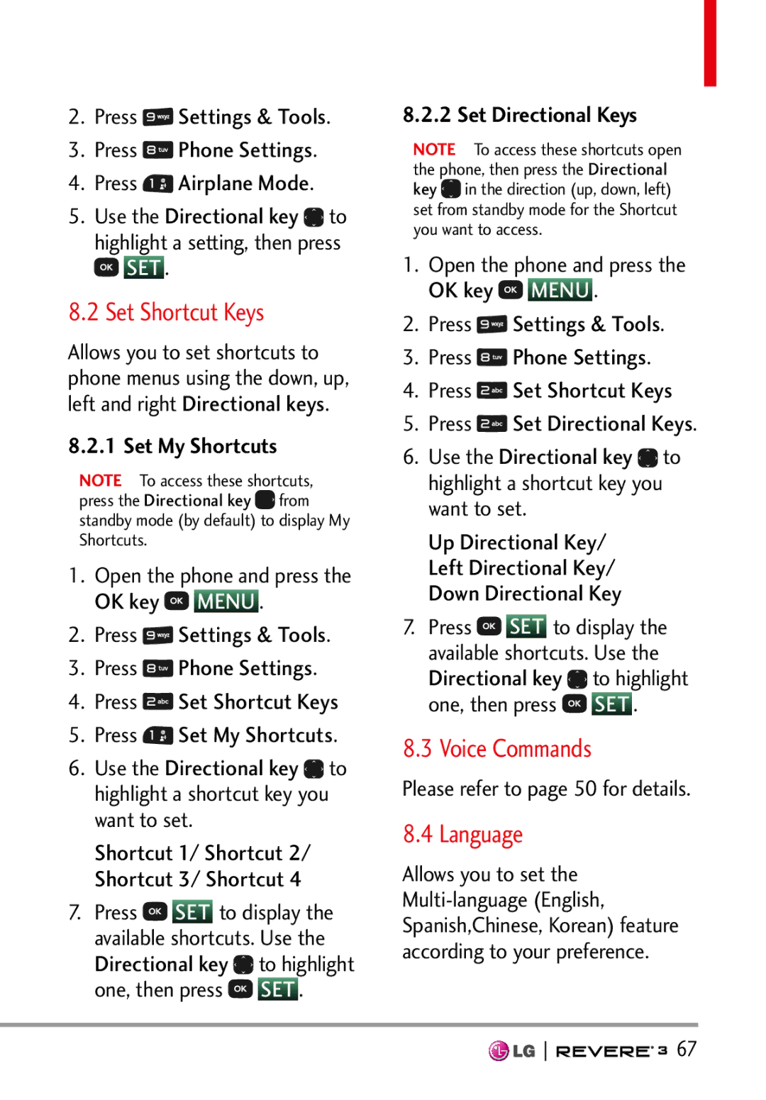 LG Electronics MFL68526201 manual Set Shortcut Keys, Language, Set My Shortcuts, Set Directional Keys 