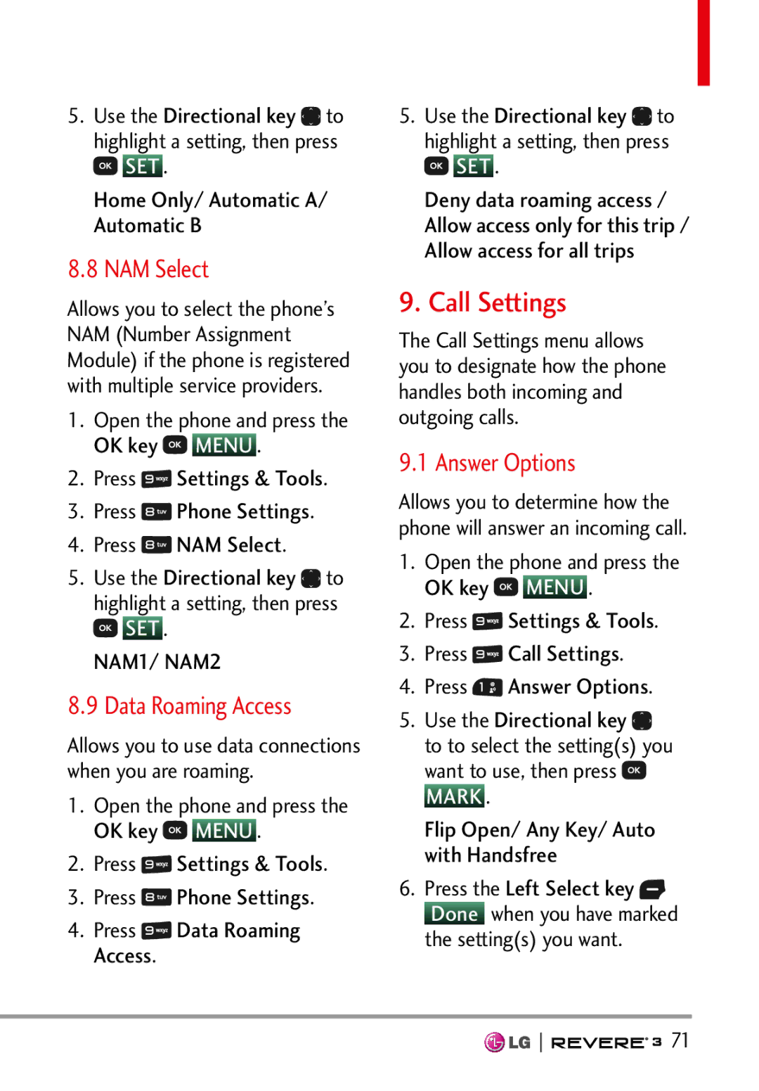 LG Electronics MFL68526201 manual Call Settings, NAM Select, Data Roaming Access, Answer Options, Settings you want 