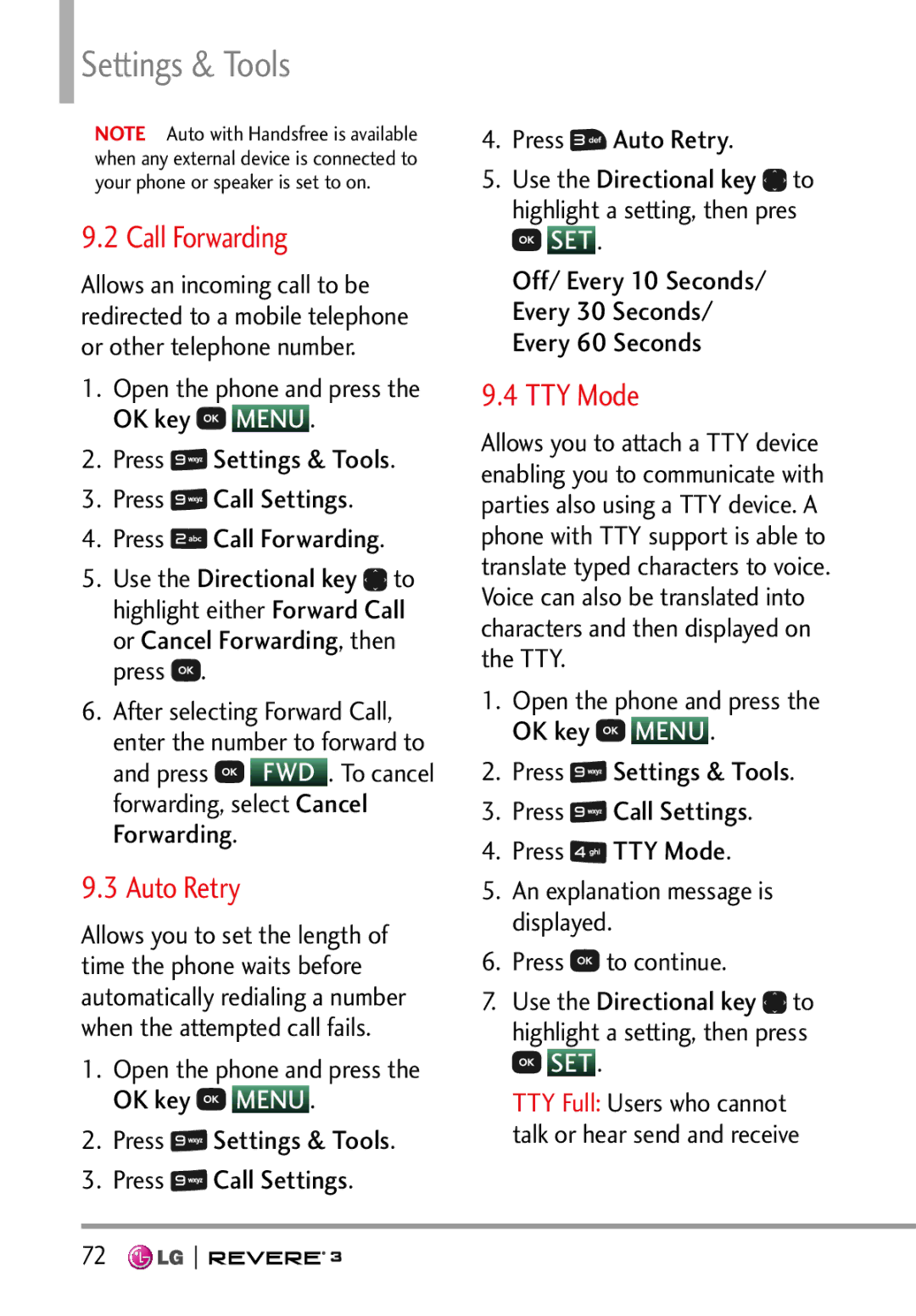 LG Electronics MFL68526201 manual Call Forwarding, Auto Retry, TTY Mode 