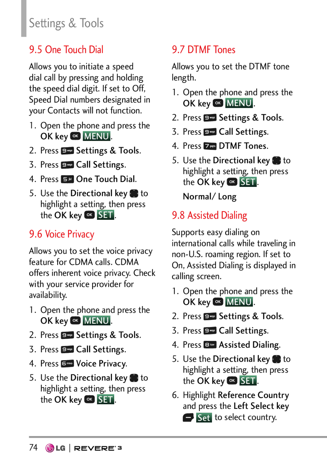LG Electronics MFL68526201 manual One Touch Dial, Voice Privacy, Dtmf Tones, Assisted Dialing 