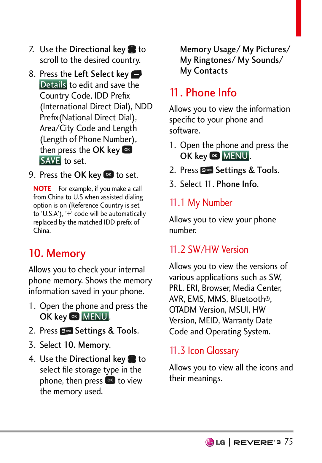 LG Electronics MFL68526201 manual Phone Info, Memory, My Number, 11.2 SW/HW Version, Icon Glossary 