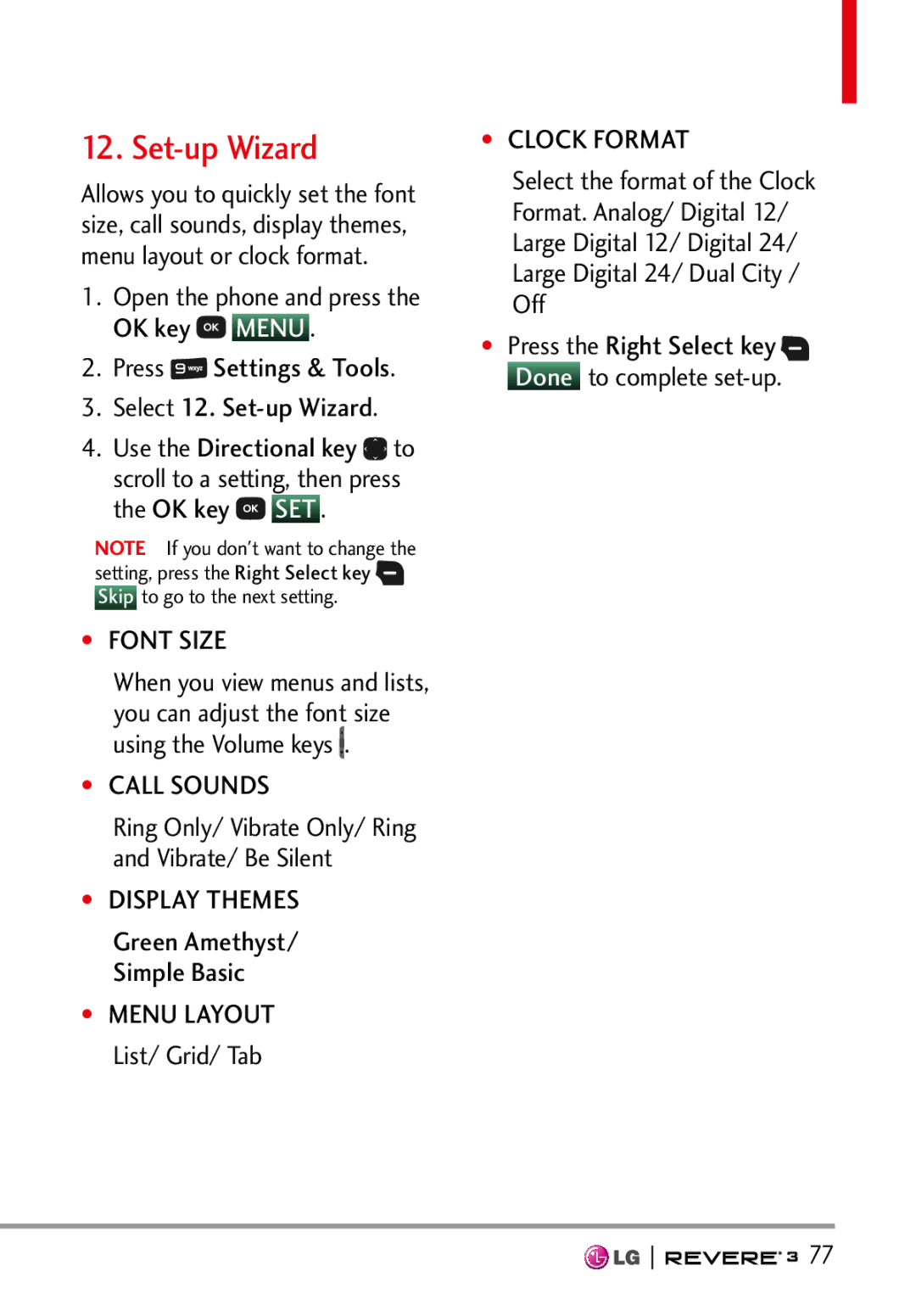 LG Electronics MFL68526201 manual Set-up Wizard, Ring Only/ Vibrate Only/ Ring and Vibrate/ Be Silent, List/ Grid/ Tab 