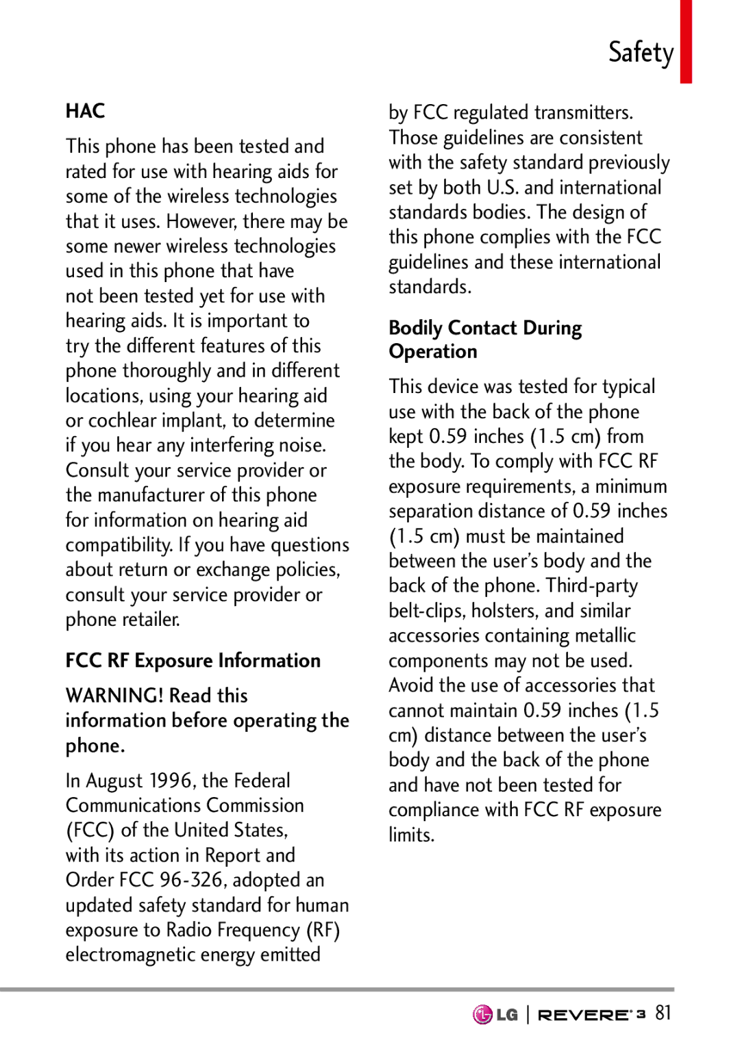 LG Electronics MFL68526201 manual FCC RF Exposure Information, Bodily Contact During Operation 