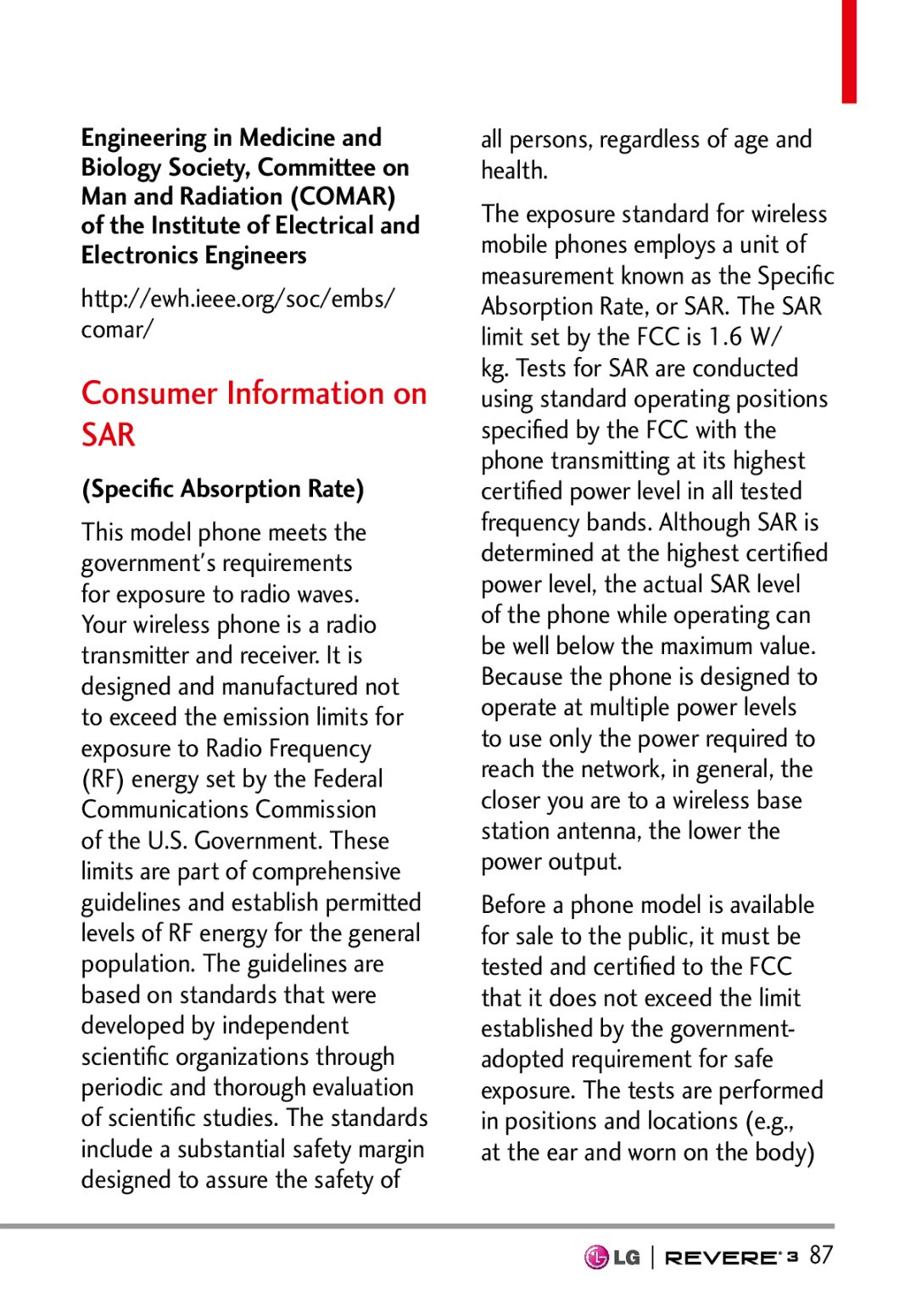 LG Electronics MFL68526201 manual Consumer Information on, Http//ewh.ieee.org/soc/embs Comar, Speciﬁc Absorption Rate 