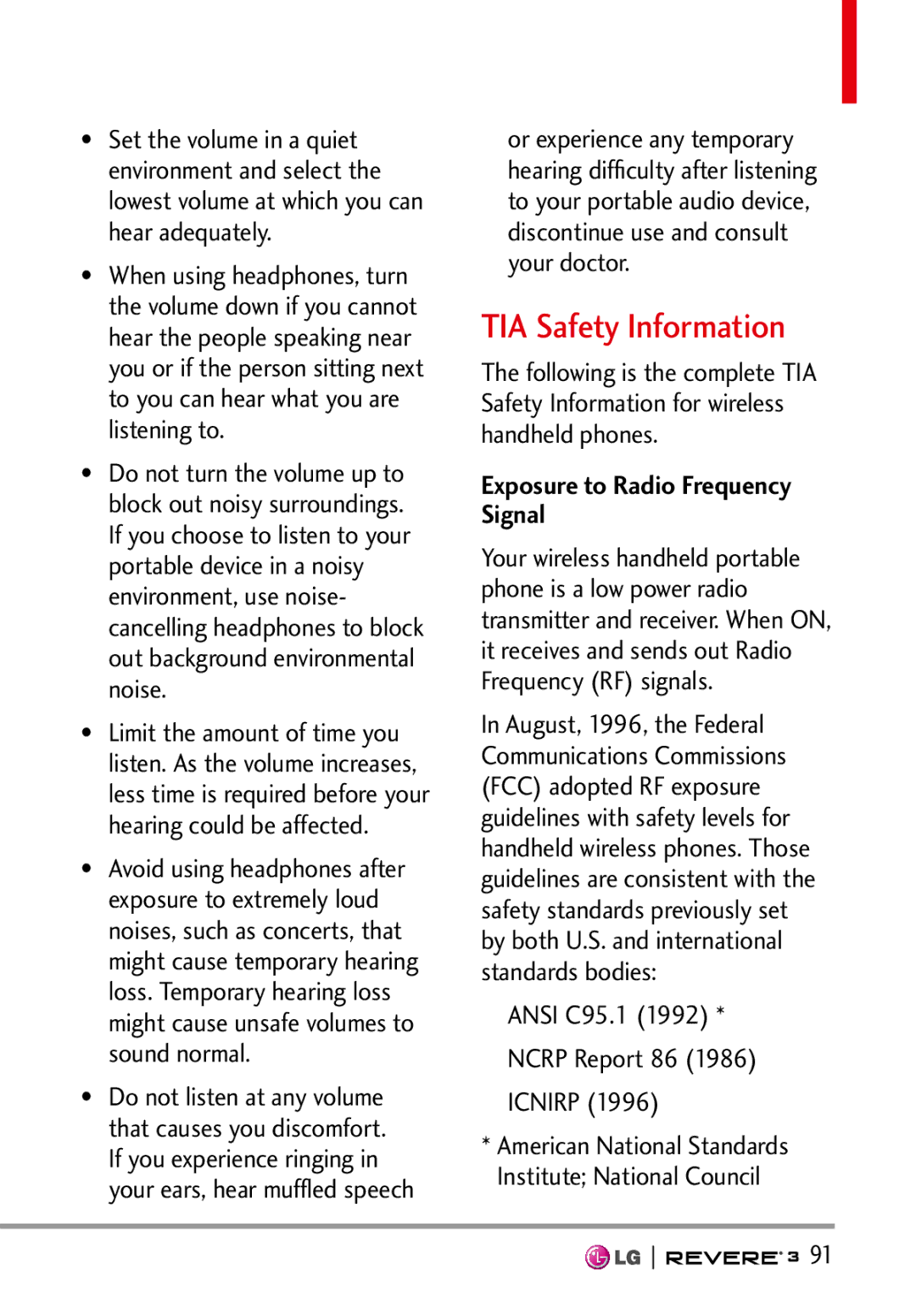 LG Electronics MFL68526201 TIA Safety Information, Exposure to Radio Frequency Signal, Ansi C95.1 Ncrp Report 86 Icnirp 