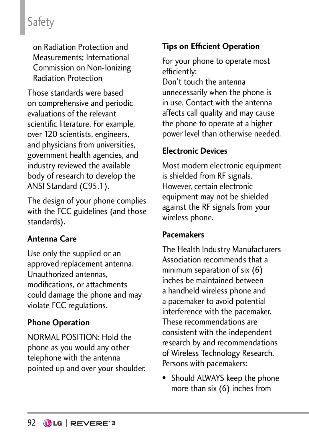 LG Electronics MFL68526201 manual Antenna Care, Phone Operation, Tips on Efﬁcient Operation, Electronic Devices, Pacemakers 