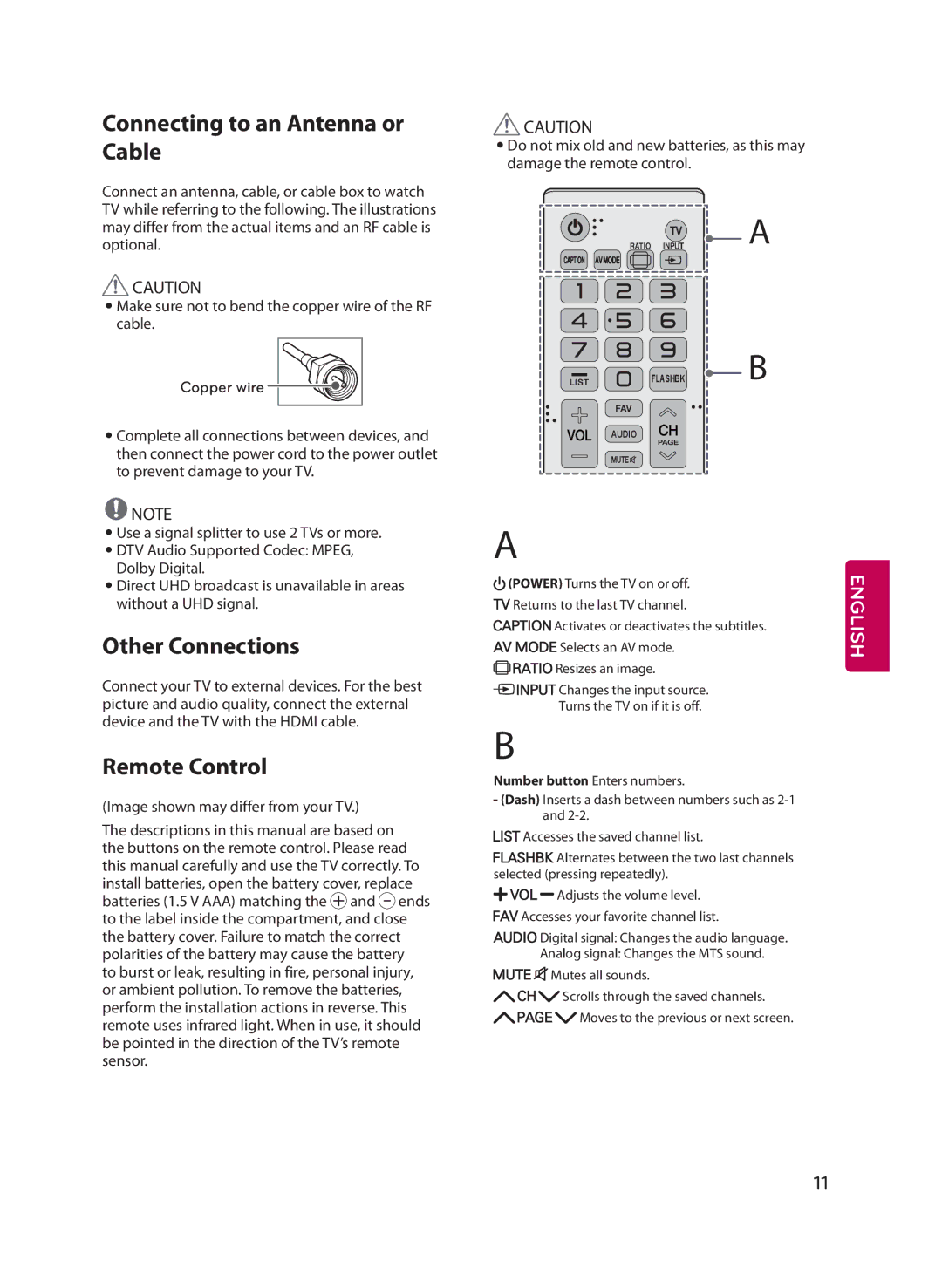 LG Electronics 60UF6700, MFL68685902 (1502-REV01) Connecting to an Antenna or Cable, Other Connections, Remote Control 