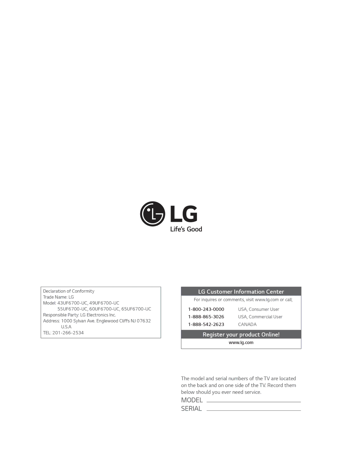 LG Electronics MFL68685902 (1502-REV01), 65UF6700, 43UF6700, 49UF6700, 55UF6700, 60UF6700 LG Customer Information Center 