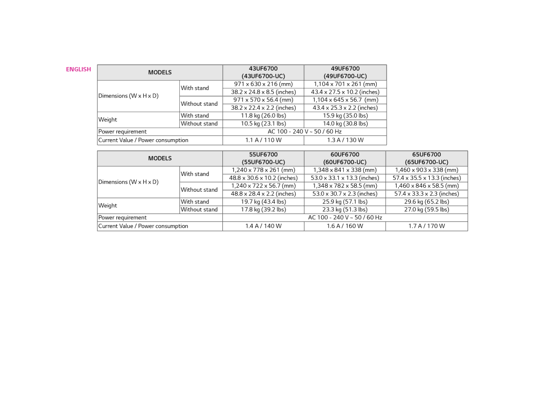 LG Electronics 60UF6700, MFL68685902 (1502-REV01), 65UF6700, 43UF6700, 49UF6700, 55UF6700 owner manual English 