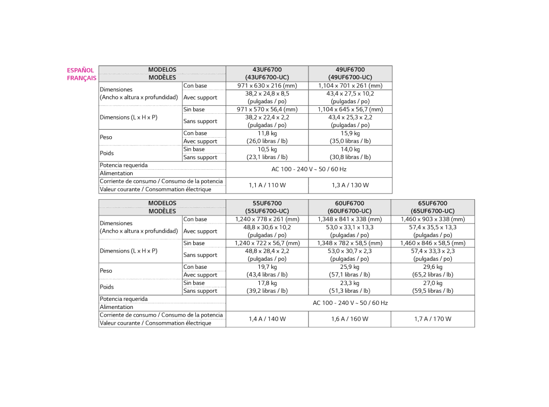 LG Electronics MFL68685902 (1502-REV01), 65UF6700, 43UF6700, 49UF6700, 55UF6700, 60UF6700 owner manual Modèles 