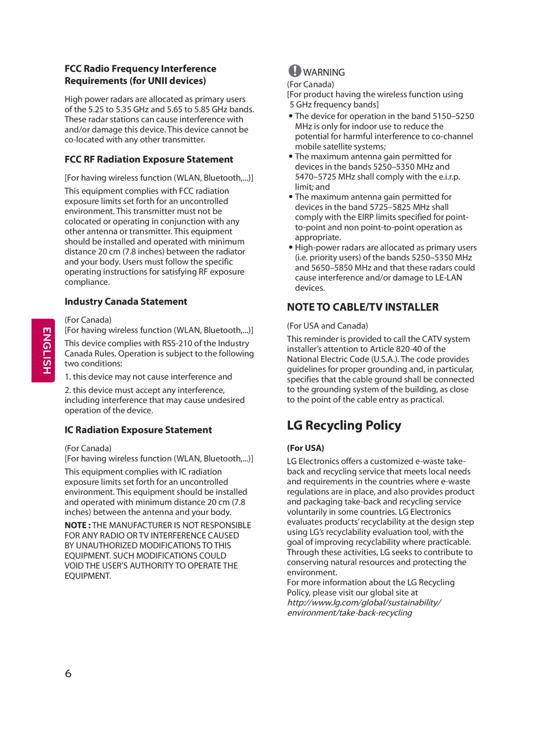 LG Electronics MFL68685902 (1502-REV01), 65UF6700 LG Recycling Policy, FCC RF Radiation Exposure Statement, For USA 