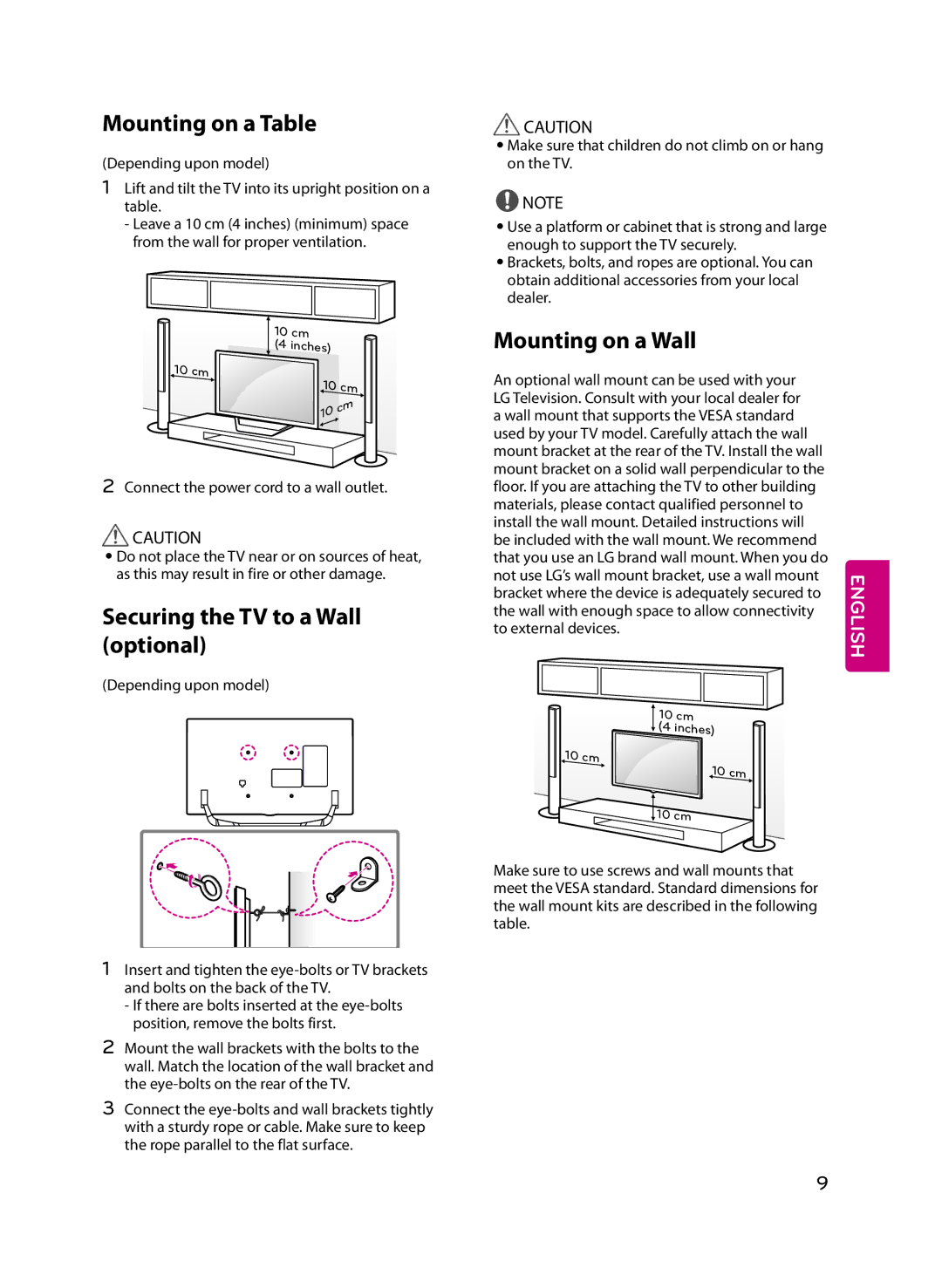 LG Electronics 49UF6700, 65UF6700, 43UF6700 Mounting on a Table, Securing the TV to a Wall optional, Mounting on a Wall 