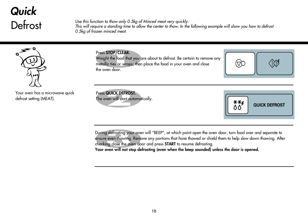 LG Electronics MH-6047G, MH-6048SS, MH-6047C Your oven has a microwave quick defrost setting Meat, Press STOP/CLEAR 